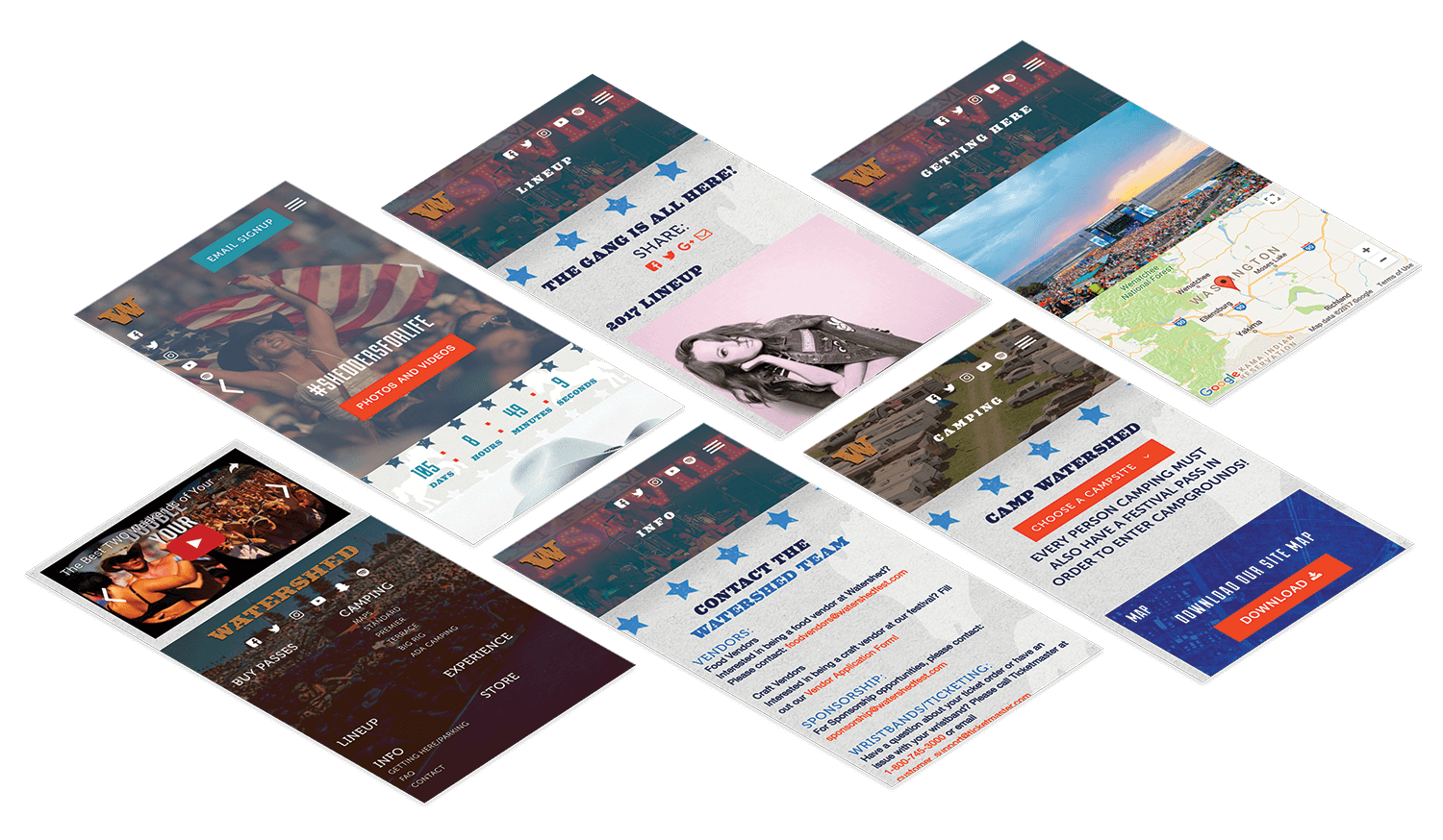 Angled mobile website design screens for Live Nation Watershed Festival in George, Washington