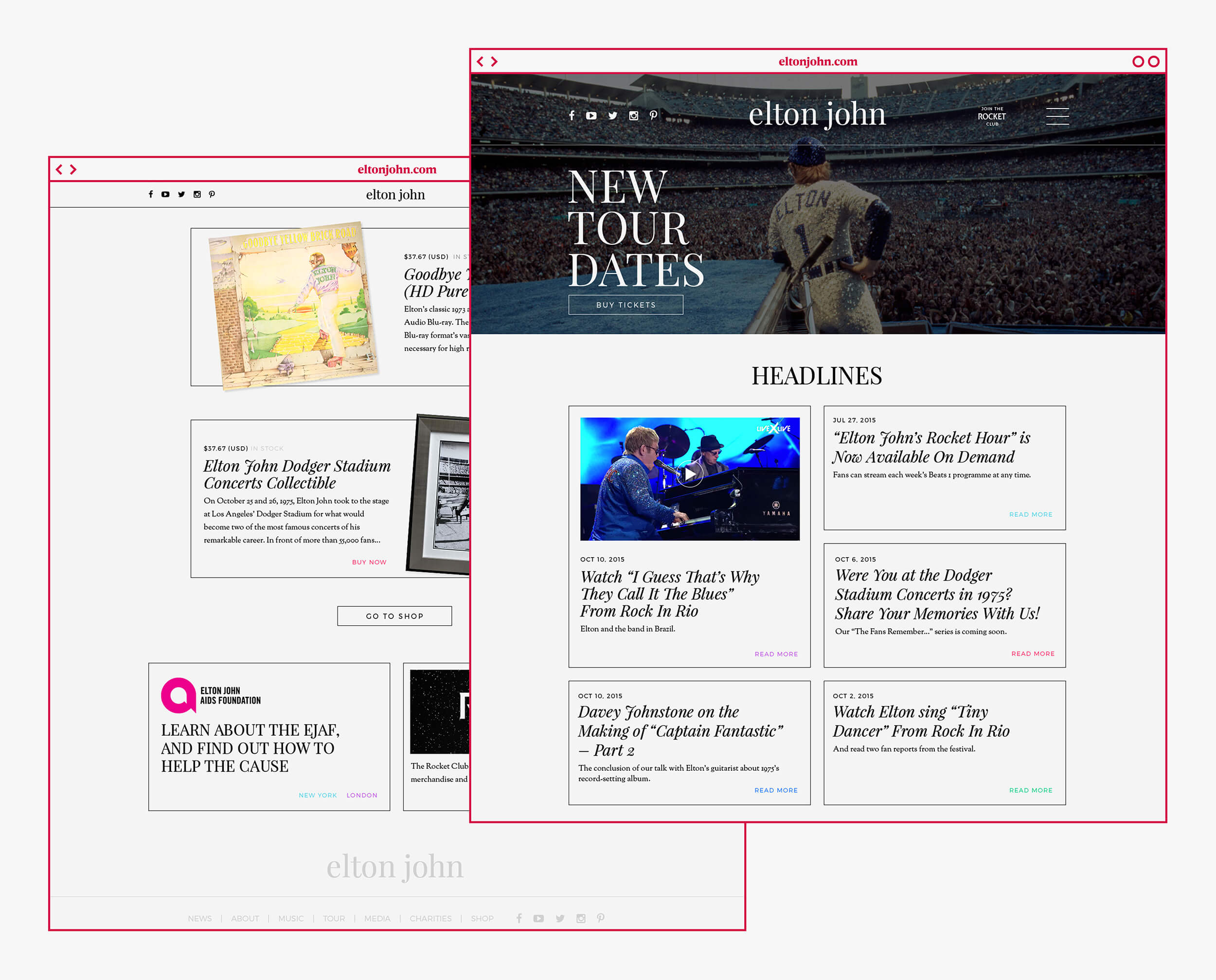 Homepage design featured in 2 browser windows showing compressed sticky navigation bar for Elton John website design