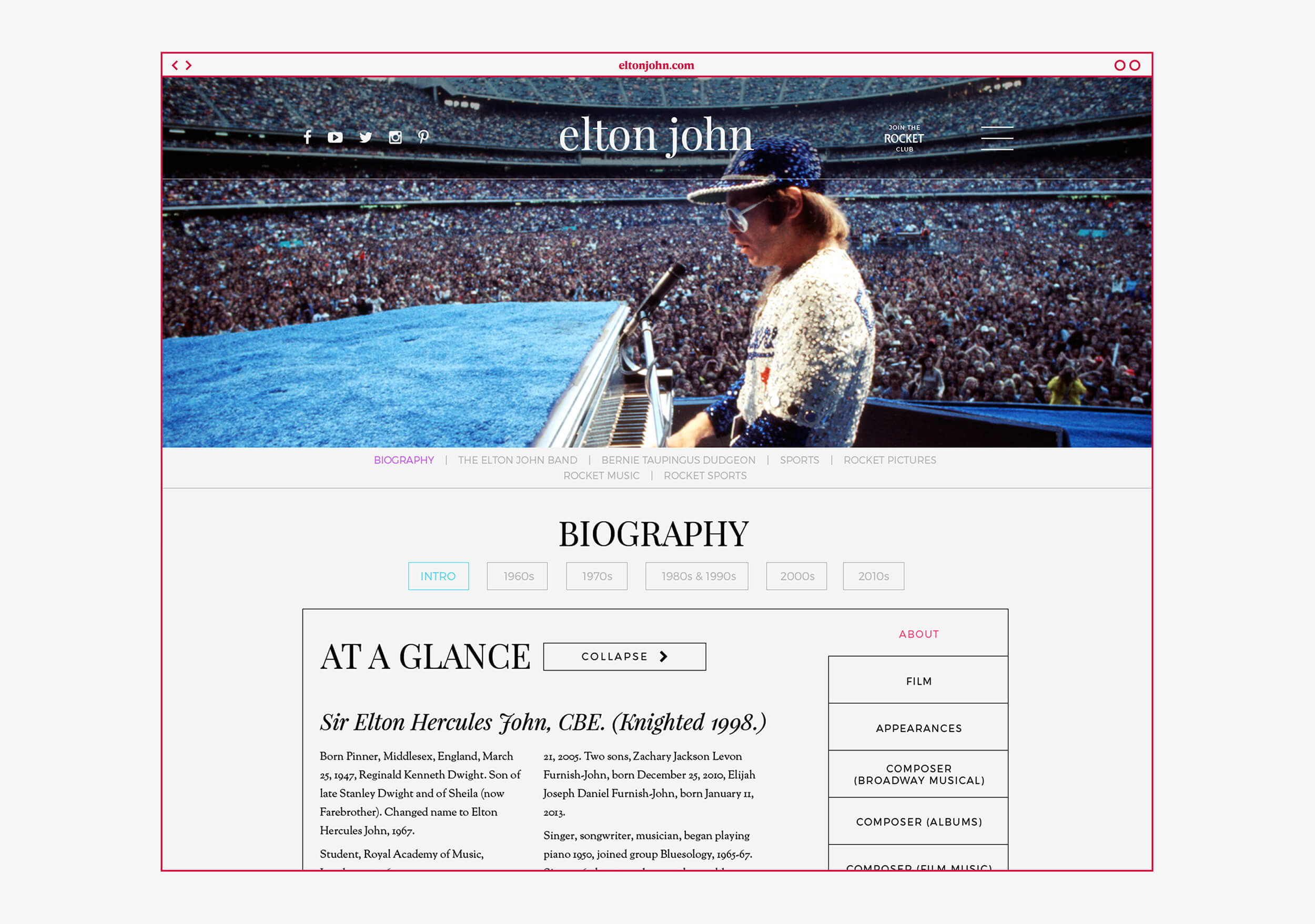 Page design for Biography featuring tabbed information section and large hero image header for Elton John website design