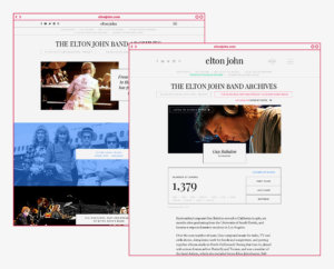 Page design for Band Archives and Band Member Archives featuring tabbed information system and compressed sticky navigation bar shown in 2 browser windows for Elton John site design