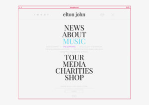 Takeover navigation menu system expanded and active for Elton John site design featuring expanded dropdown links and glasses icon