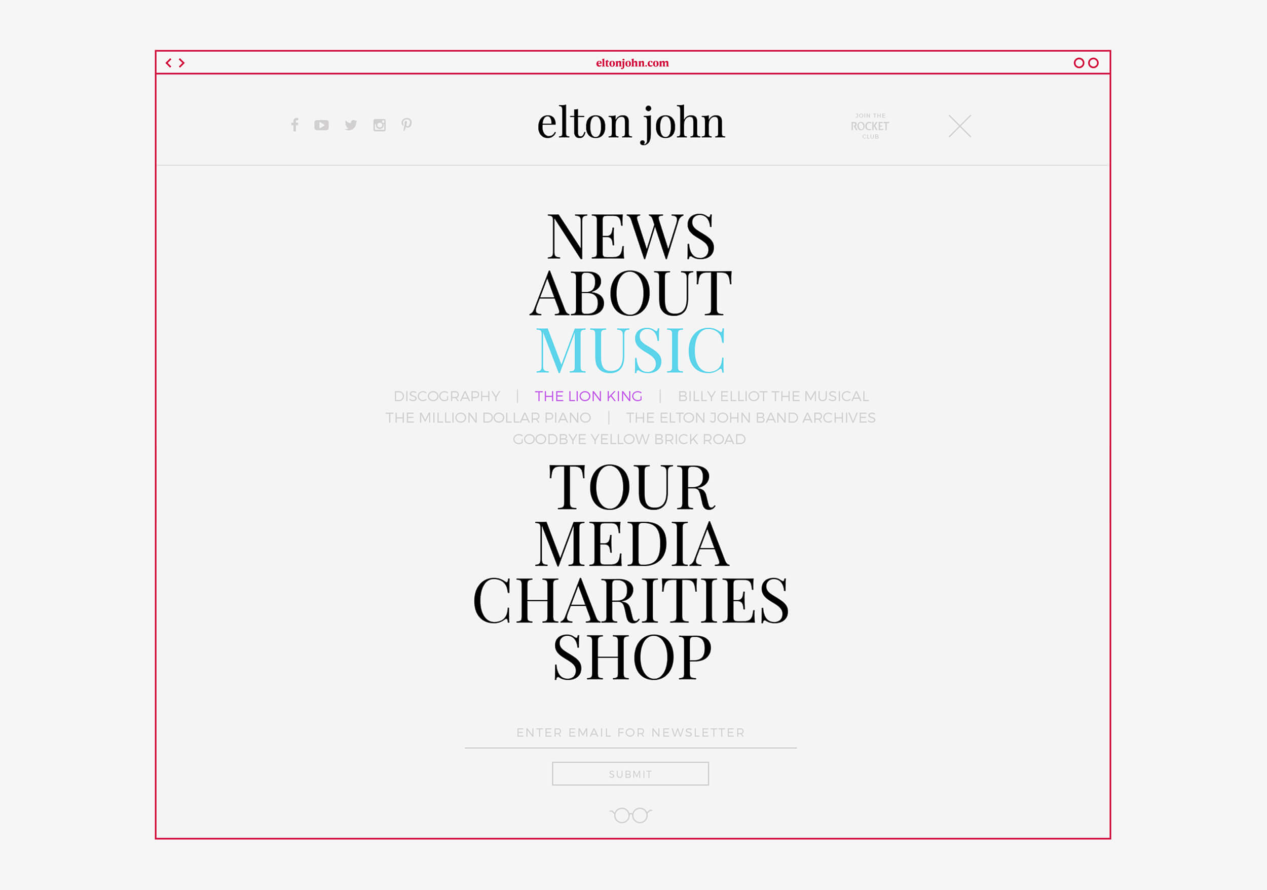 Takeover navigation menu system expanded and active for Elton John site design featuring expanded dropdown links and glasses icon