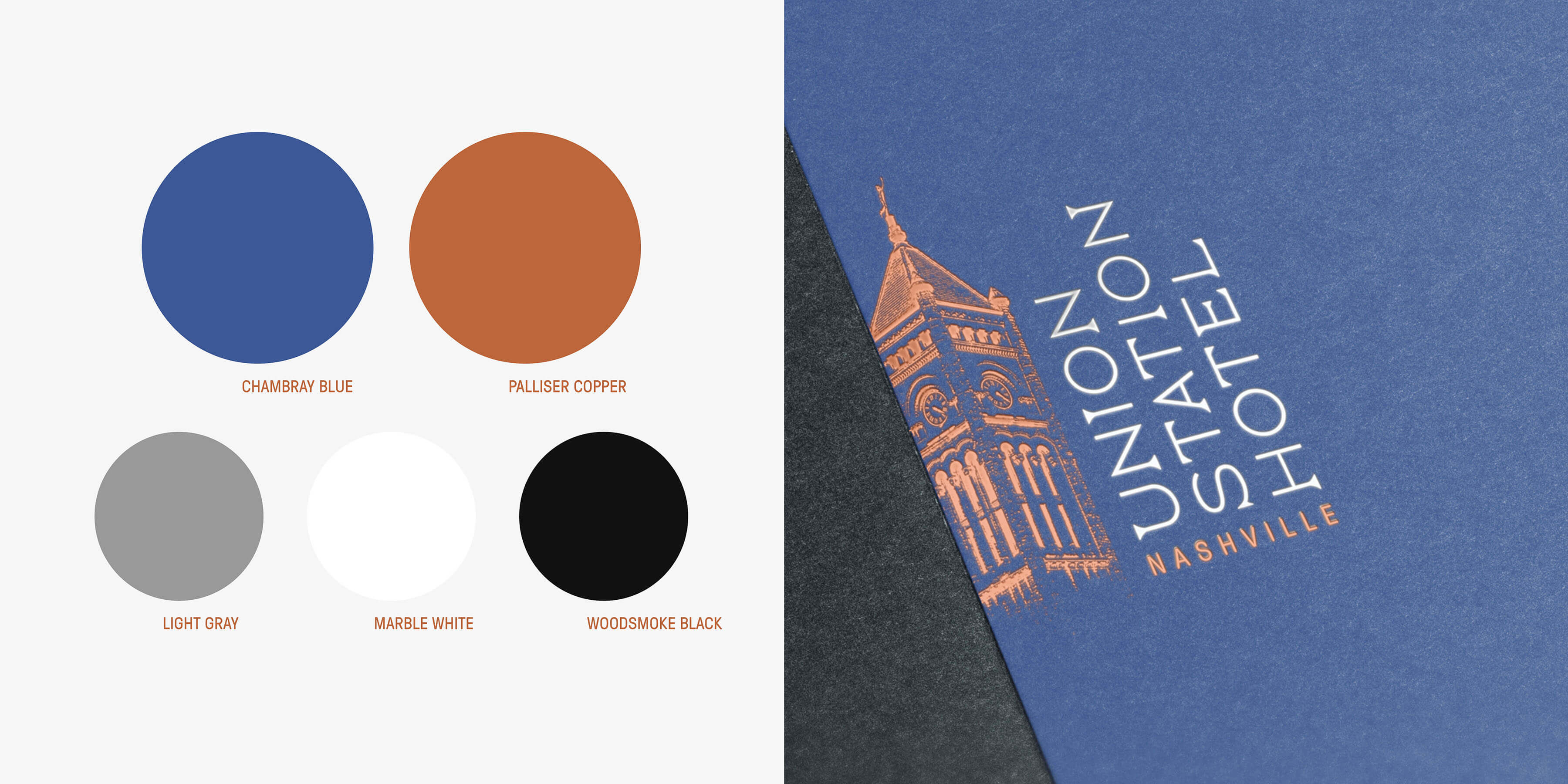 Circles with the Union Station Hotel brand colors represented. Chambray Blue. Palliser Copper. Light Gray. Marble White. Woodsmoke Black.