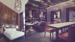 Render of the bar at Union Station Hotel and a picture of renovated room.