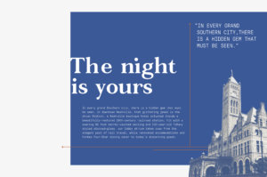 Type examples and specimen for the Union Station Hotel. Fonts used: Fortescue Bold and GT Pressura Mono Light.