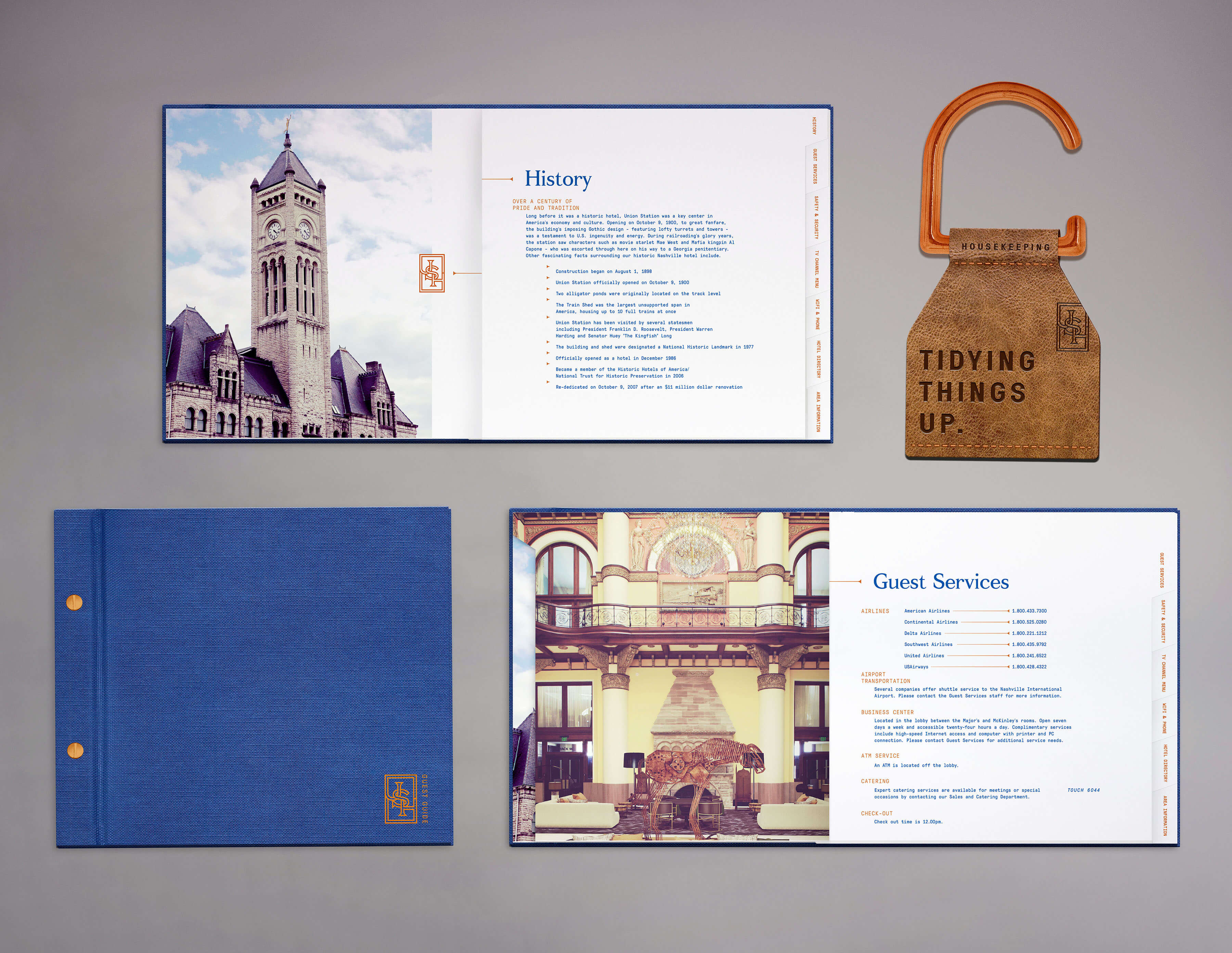 Image of the cover and internal pages for the Union Station Hotel guest guide and attendant tag.