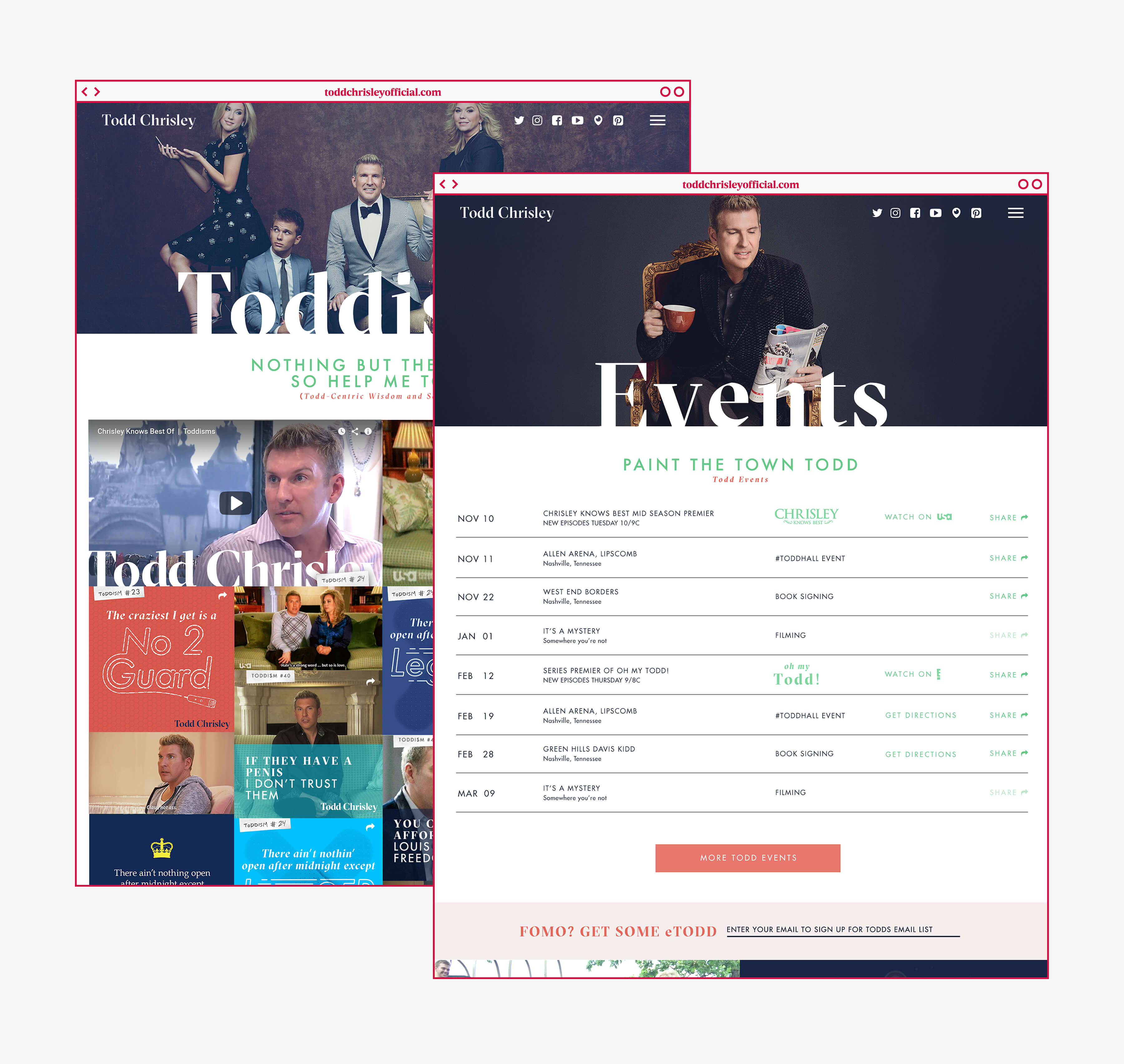Events listing and Toddism web page design examples.