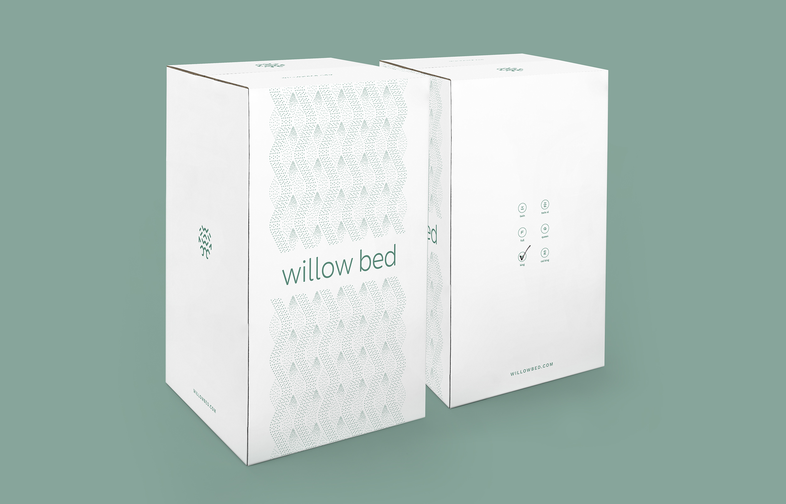 Mattress packaging front and back featuring logos and size identification icons for Willow Bed