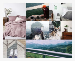 Moodboard titled Adventurer featuring imagery curated for Willow Bed as part of brand exploration