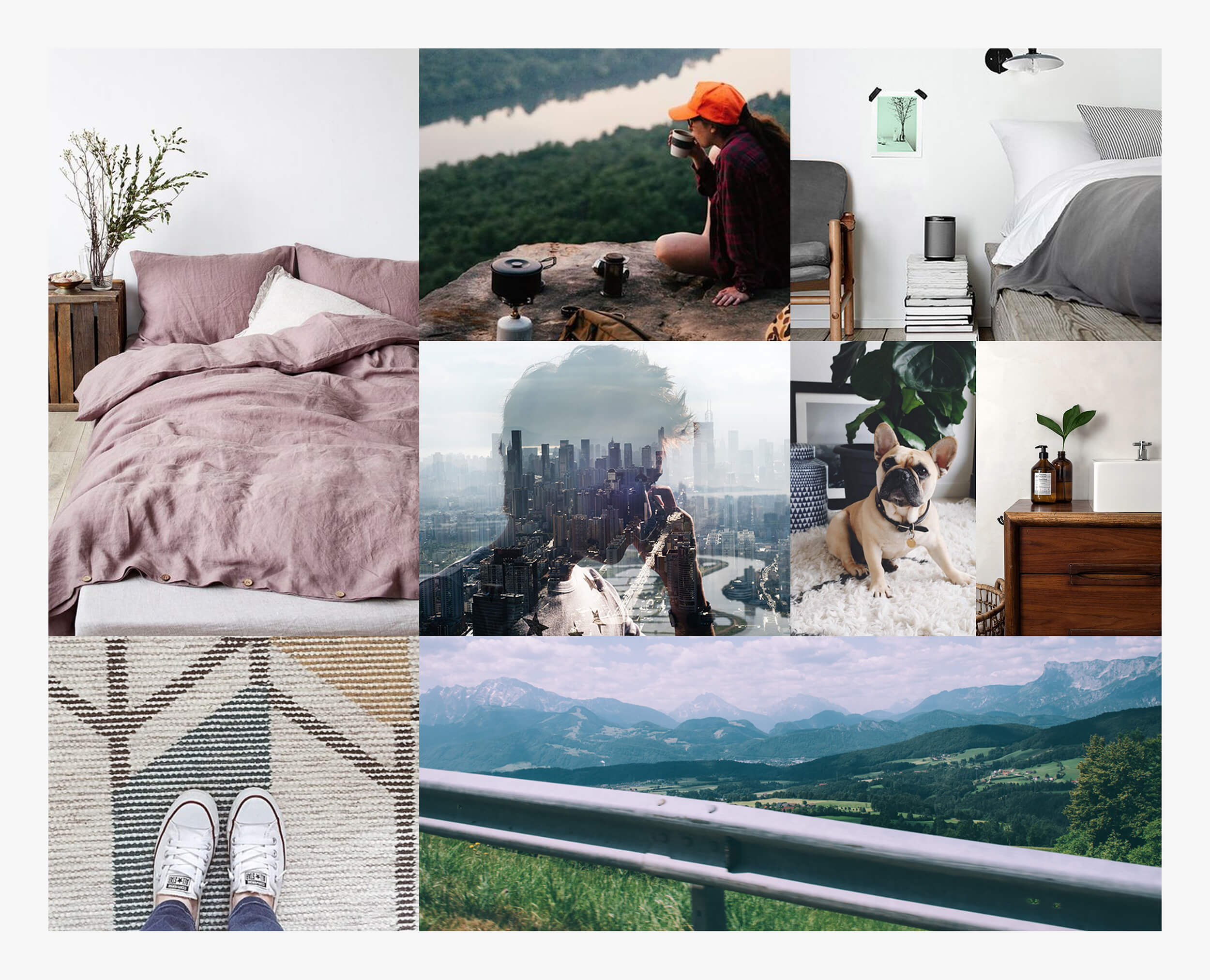 Moodboard titled Adventurer featuring imagery curated for Willow Bed as part of brand exploration