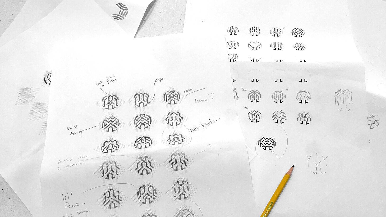 Logo development sketches of willow tree mark for Willow Bed