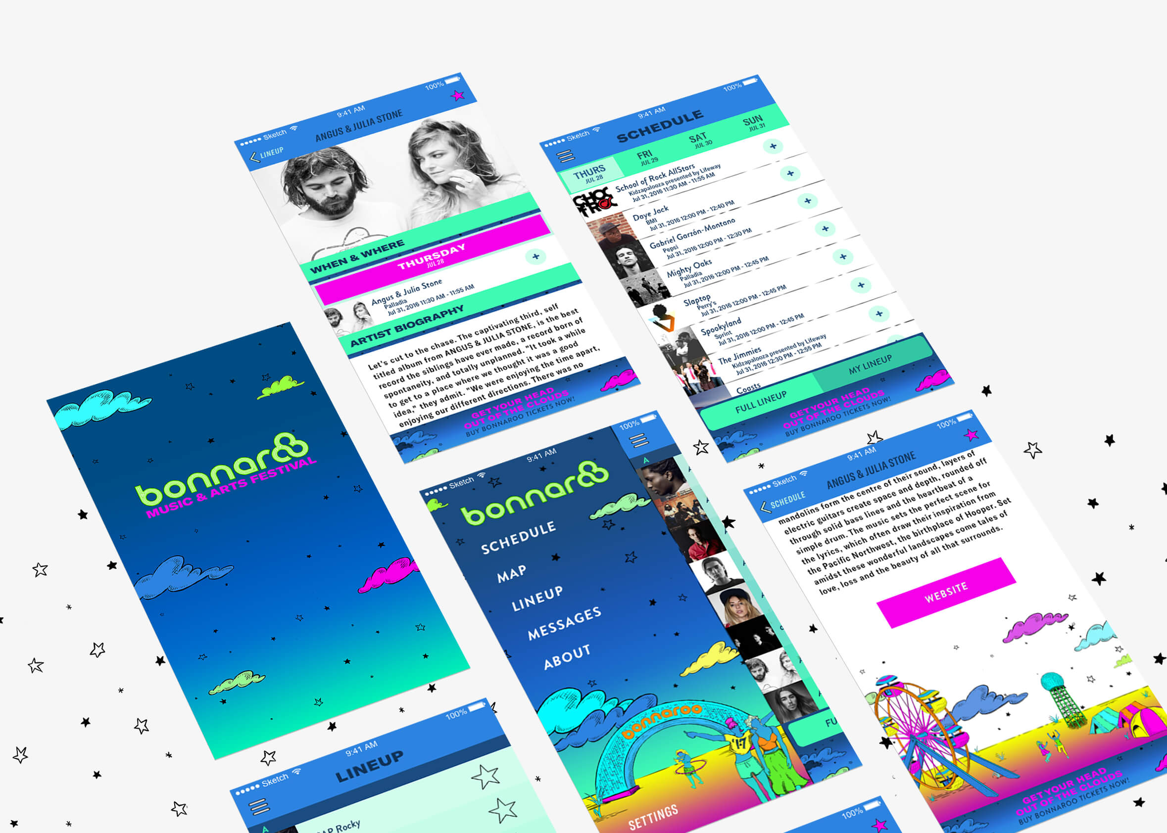 An arrangement of screens showing the skinning of the Bonnaroo Mobile App.