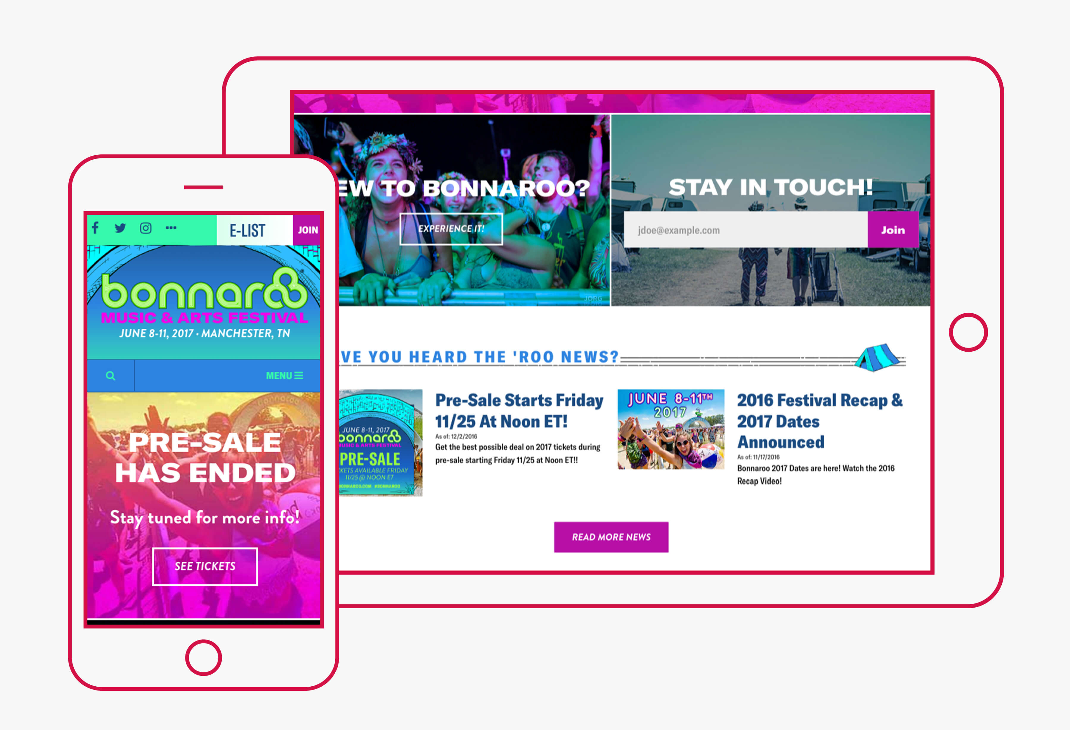 Showcase of how the Bonnaroo website would appear on a smart phone and on a tablet.