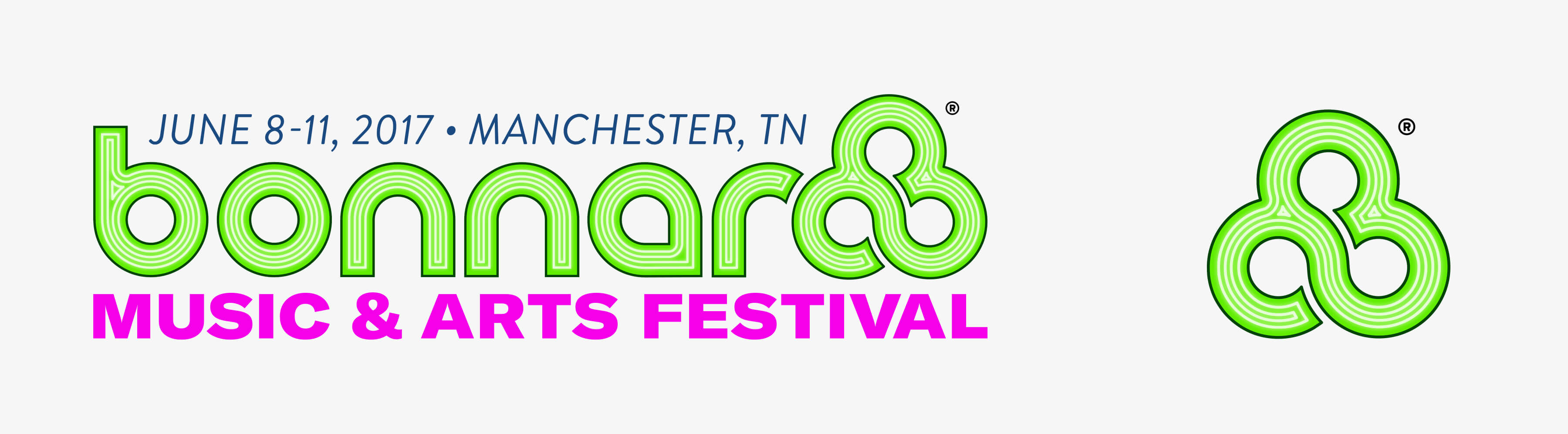 This is the redesigned Bonnaroo logo and mark, with the logo set in green, white neon lines on the inside of the letterforms, and "Music And Arts Festival" set in pink.