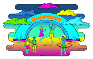 Illustration of clouds and people under the Bonnaroo Archway for the Bonnaroo Music and Arts Festival in Manchester, Tennessee