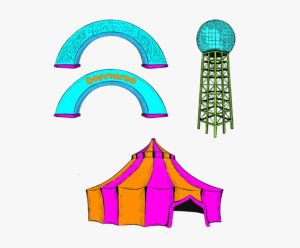 Illustrated Bonnaroo elements featuring the Arch, Clock Tower, and the Comedy Theatre tent.