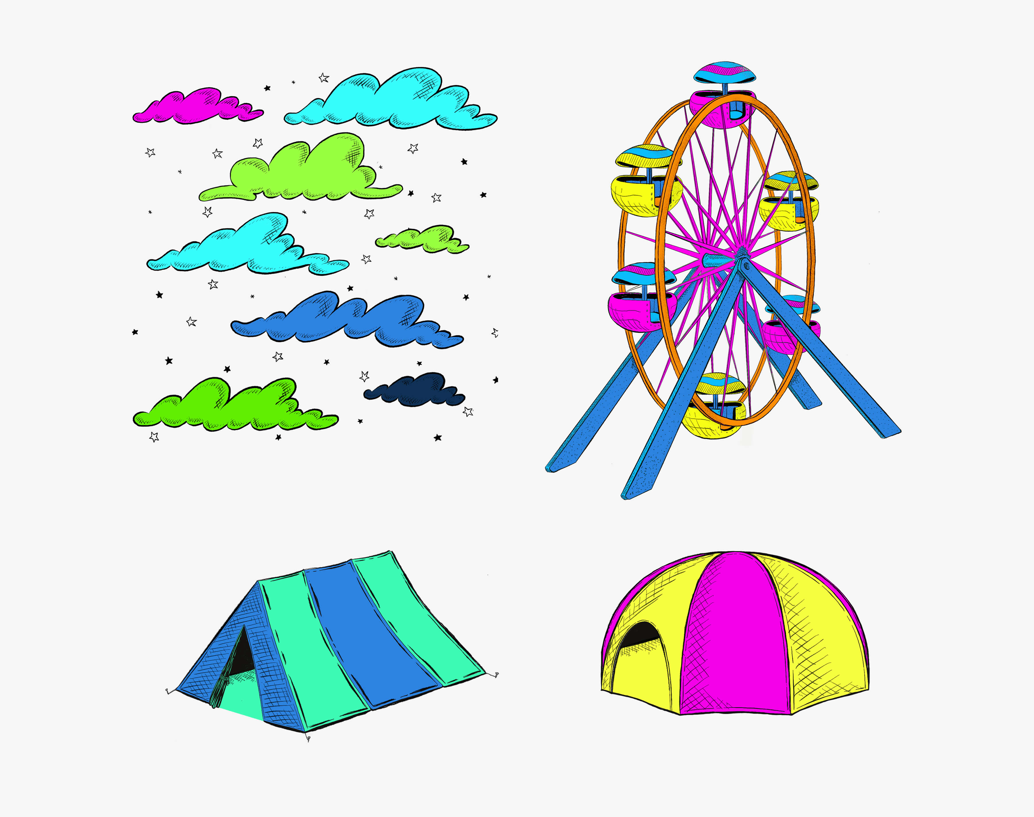 Illustrated Bonnaroo elements featuring clouds and stars, the Ferris Wheel, and camping tents.