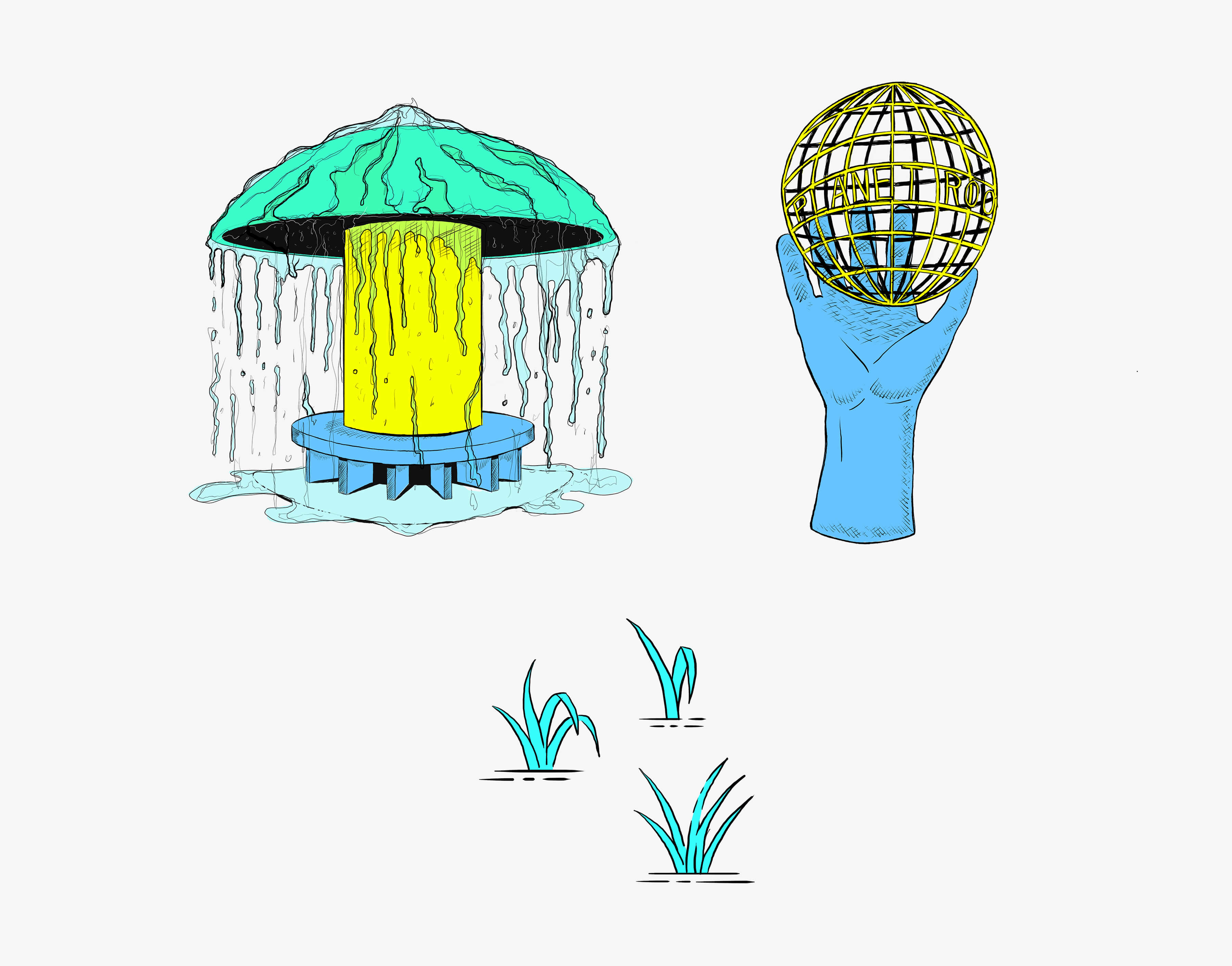 Illustrated Bonnaroo elements featuring the Fountain, the Planet Roo Hand, and grass.