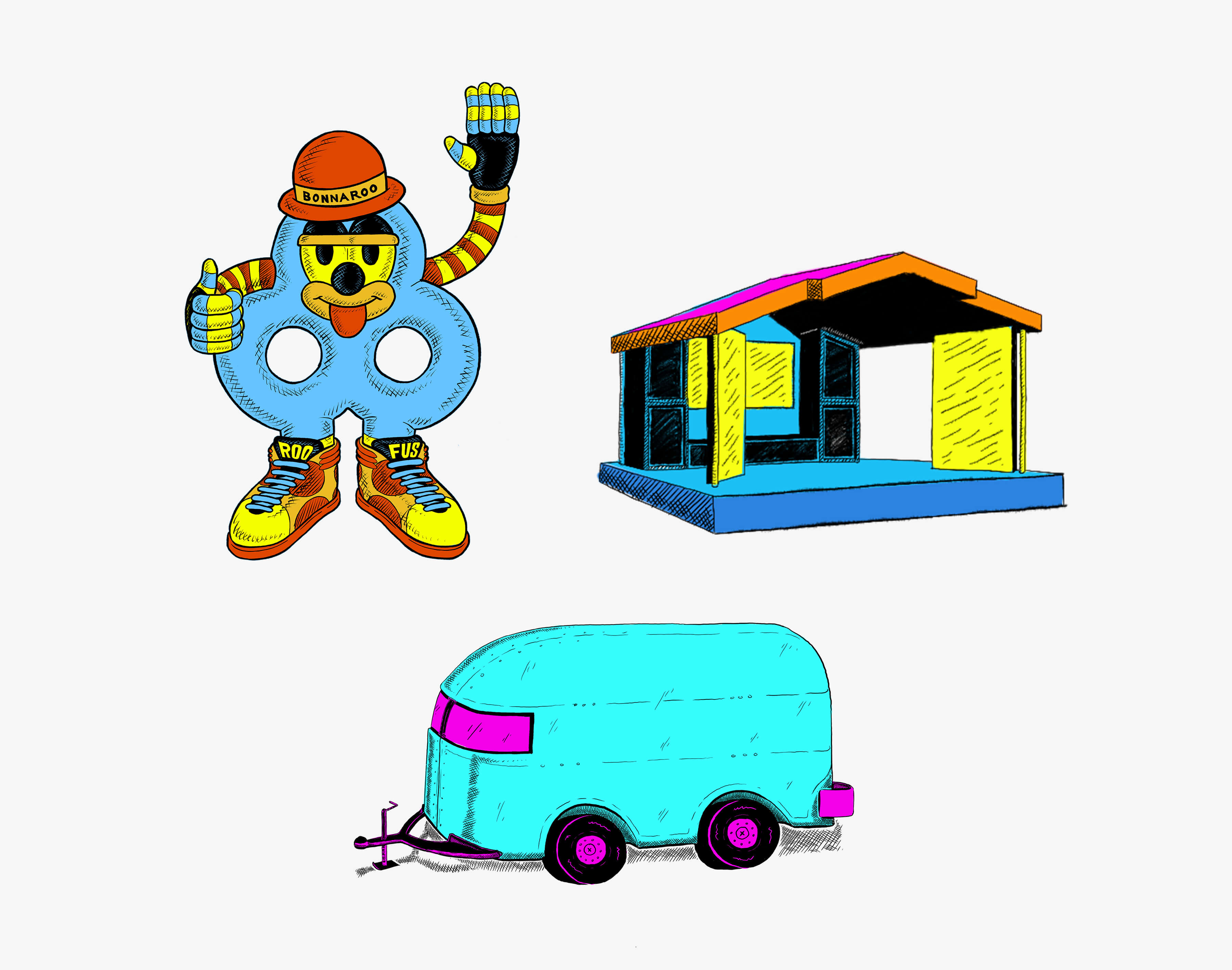 Illustrated Bonnaroo elements featuring Roofus, the Main Stage, and an RV.