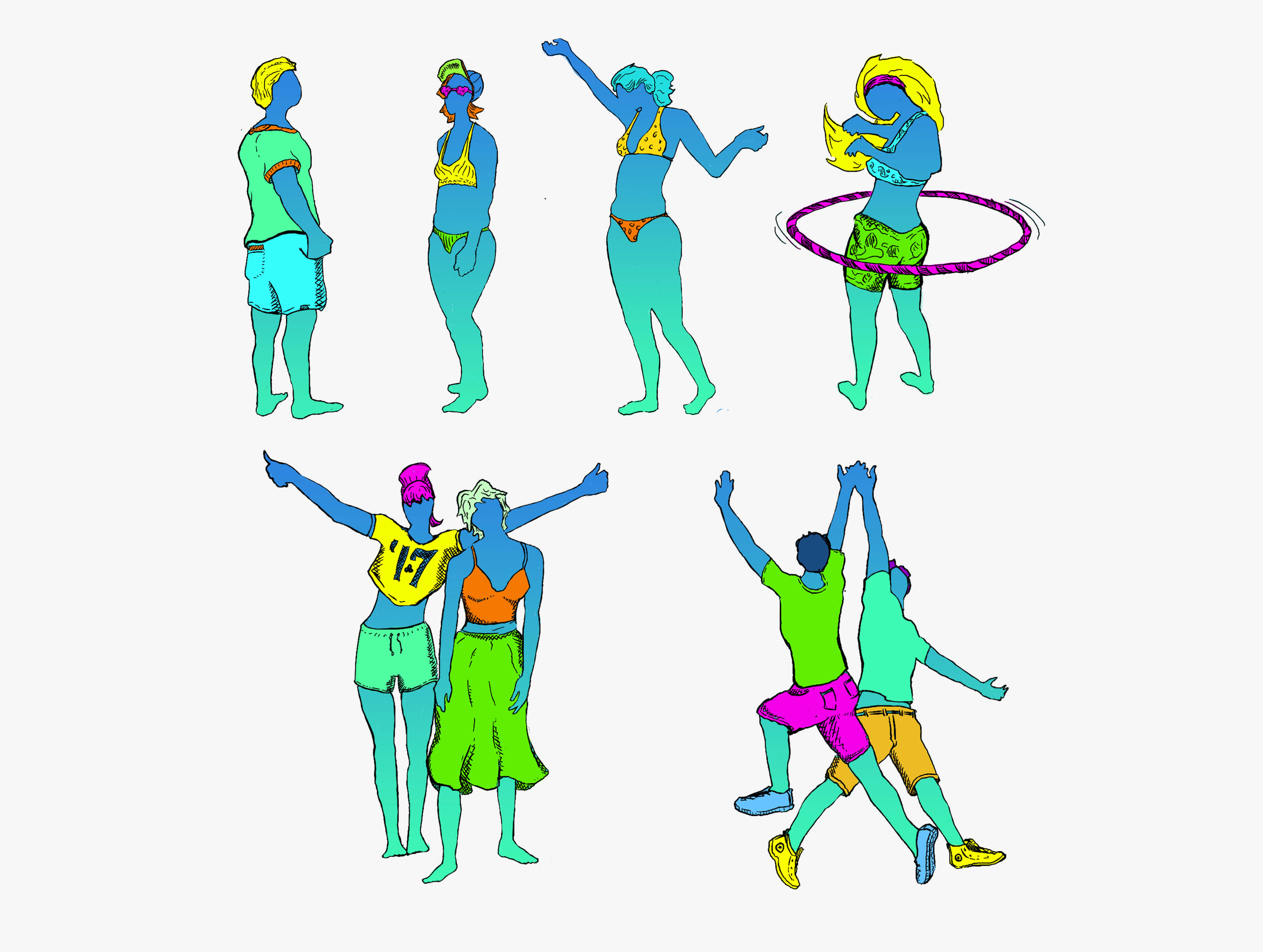 Illustrated Bonnaroo people featuring people dancing walking, high-fiving and having a good time.