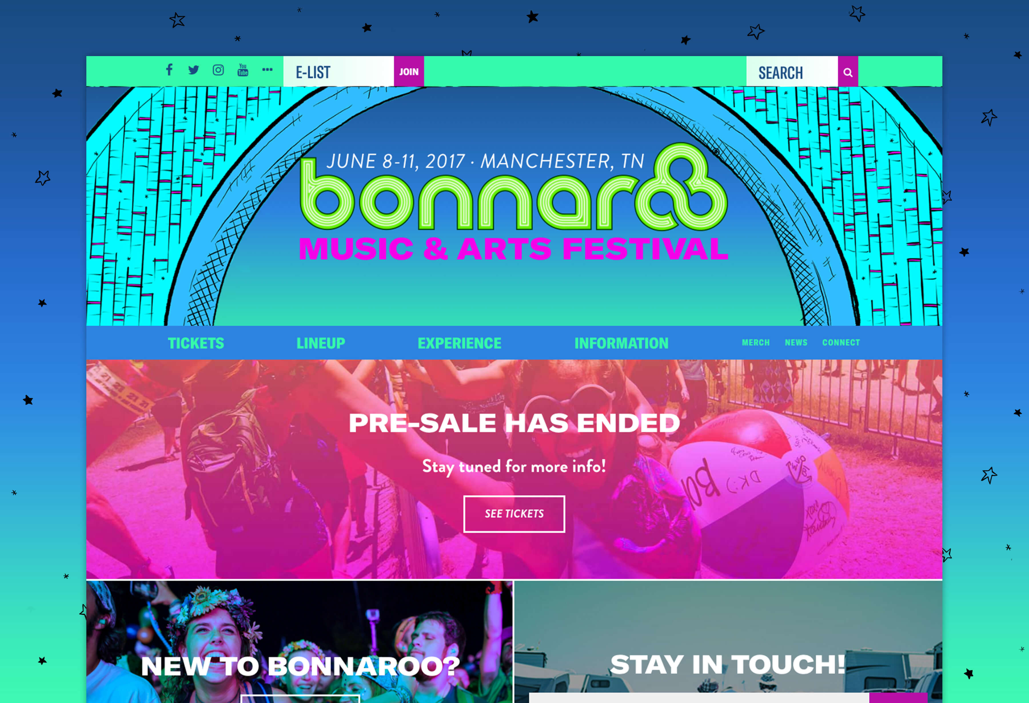 Snapshot of the Bonnaroo website front page as it would appear full-width.