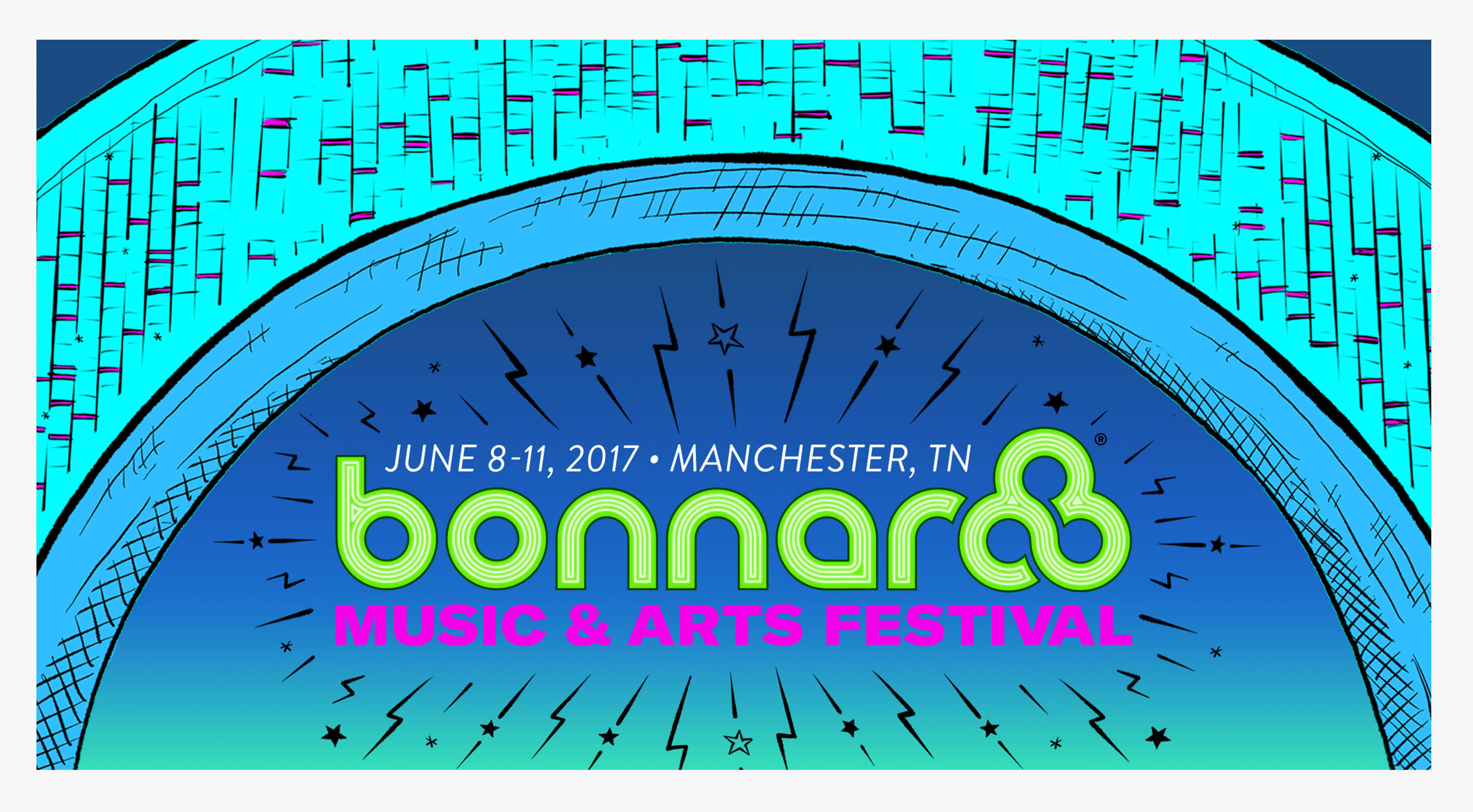 Thank you portal with the Bonnaroo archway and the Bonnaroo logo that has stars and lightning bolts emitting from it.