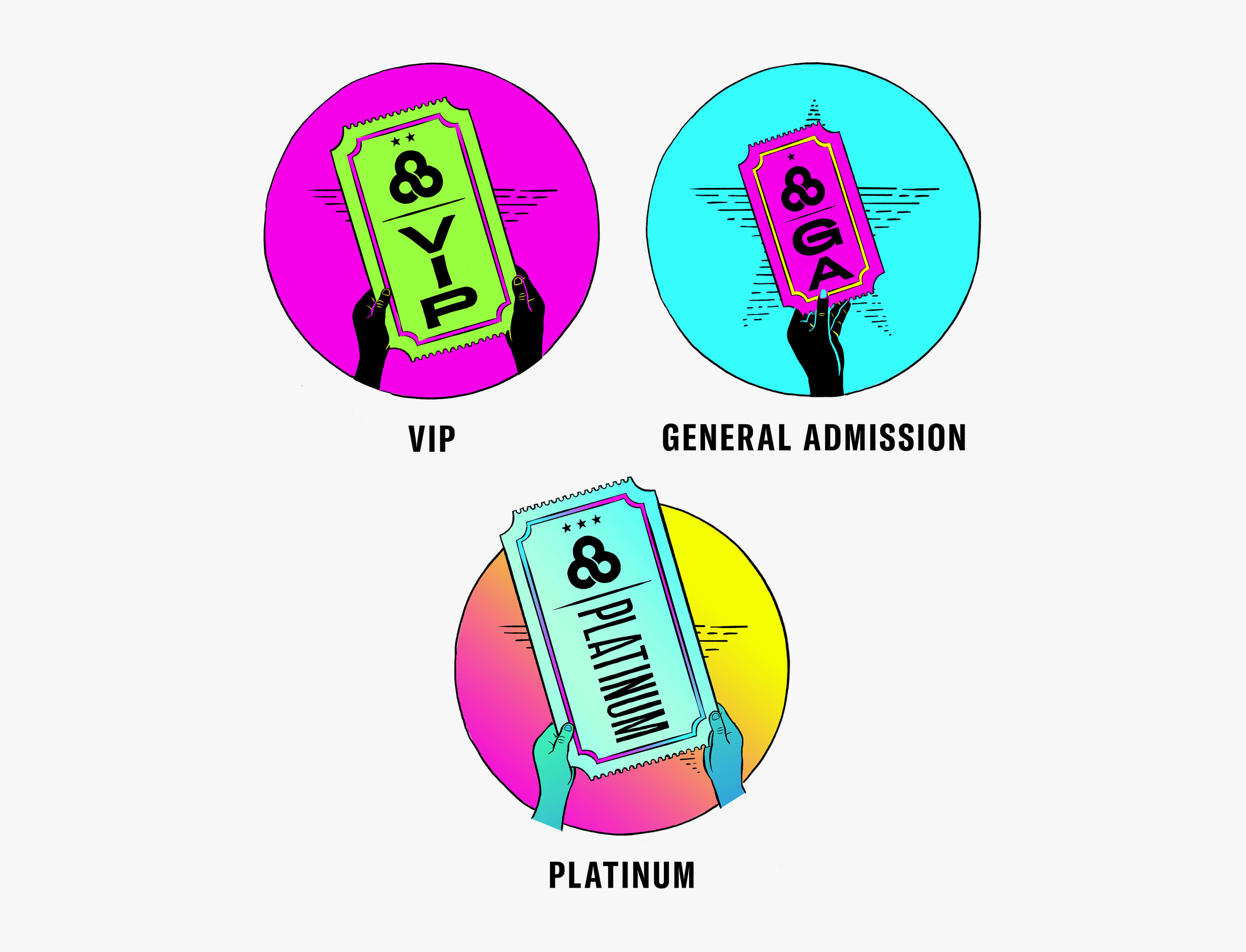Ticket Category Icons designed and illustrated for different Bonnaroo ticket levels including General Admission, VIP, and Platinum.