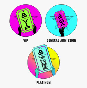 Bonnarooo Category Icons featuring the VIP ticket, the General Admission ticket, and the Platinum ticket.