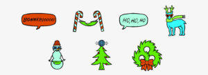 Illustrations developed for the Bonnaroo Holiday Card featuring speech bubbles, candy canes with a hammock, a child snowman and reindeer, a disco holiday tree, and festive holiday wreath.