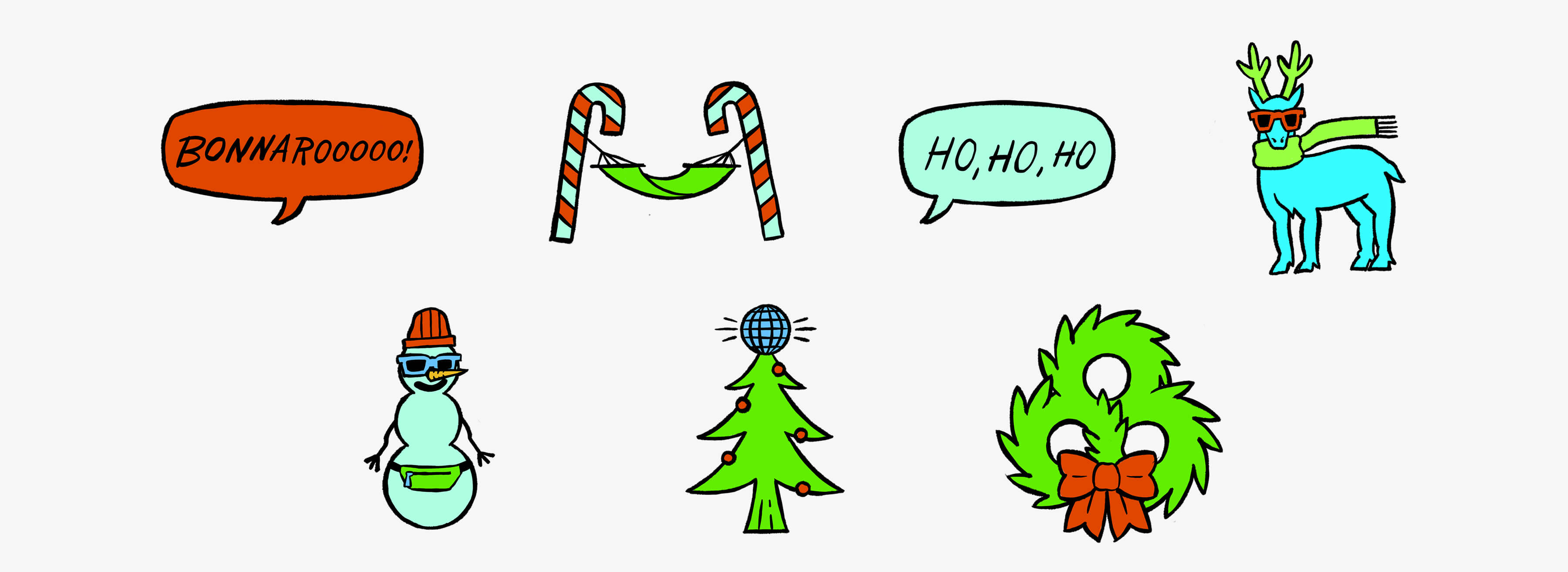 Illustrations developed for the Bonnaroo Holiday Card featuring speech bubbles, candy canes with a hammock, a child snowman and reindeer, a disco holiday tree, and festive holiday wreath.