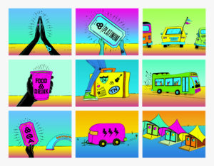 Bonnaroo Ticketing Icons featuring two hands high-fiving, a pair of hands holding up a giant platinum ticket, a row of cars parked, a hand holding up a cup that says “Food & Drink”, a person holding a suitcase, a shuttlebus, a pair of hands holding up a giant general admission ticket, a camper, and a row of three Le Bon tents.