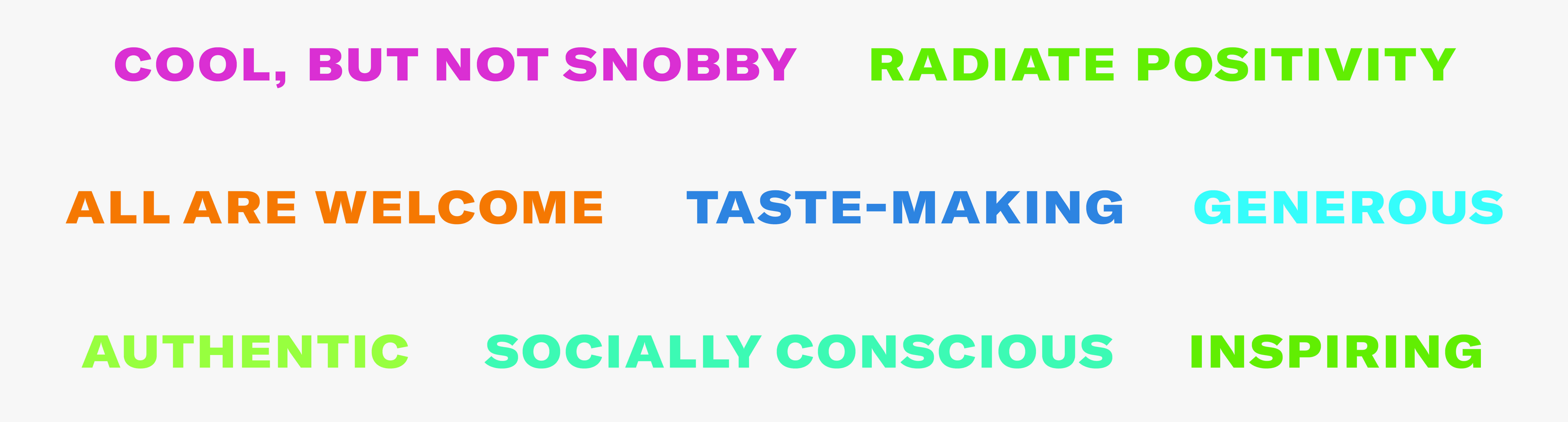 A collection of brand attributes that best describe the essence of Bonnaroo. Cool, but not snobby. Radiate positivity. All are welcome. Taste-making. Generous. Authentic. Socially conscious. Inspiring.
