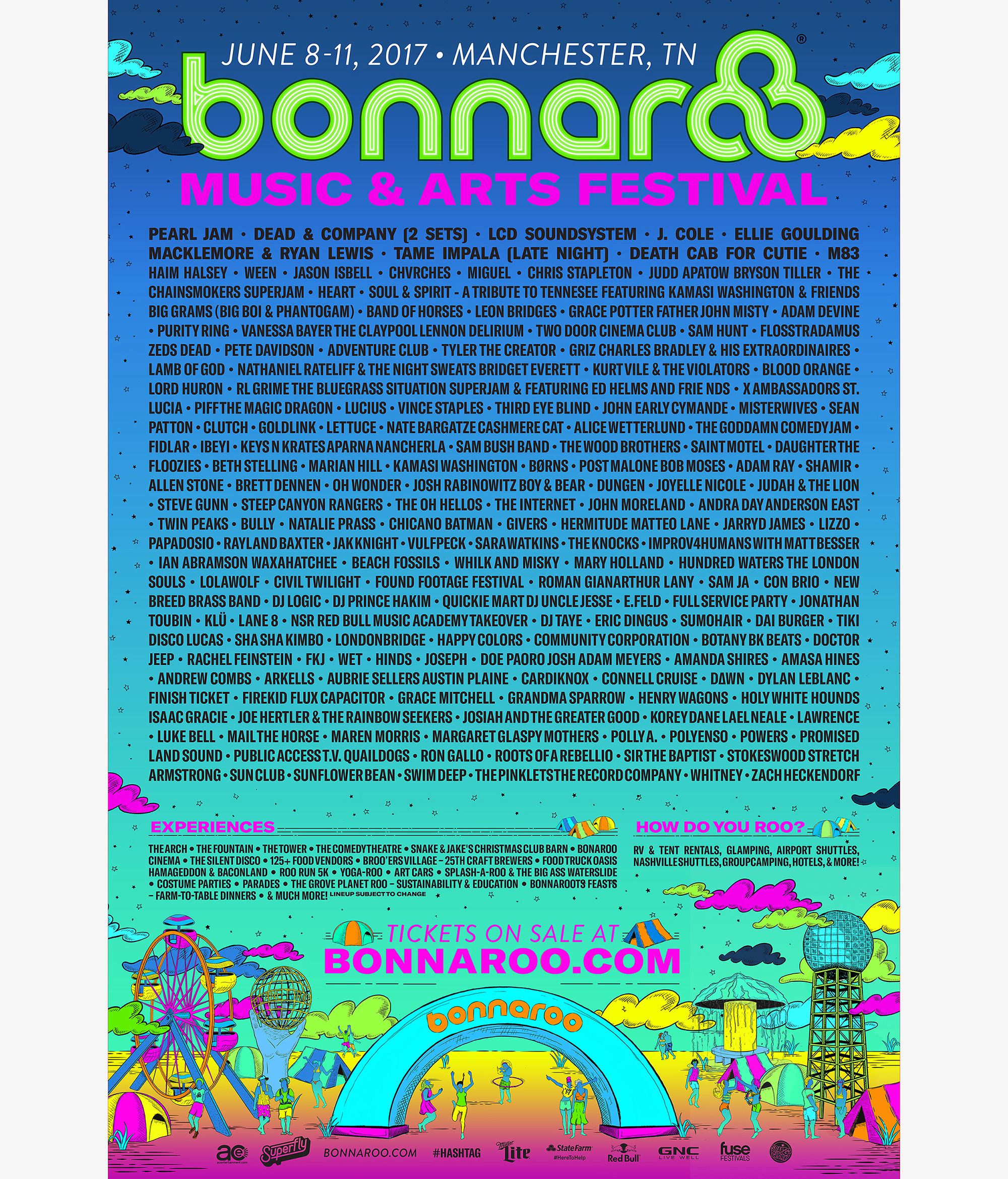 Illustrated poster featuring the Summer 2017 Bonnaroo Music & Arts Festival lineup.