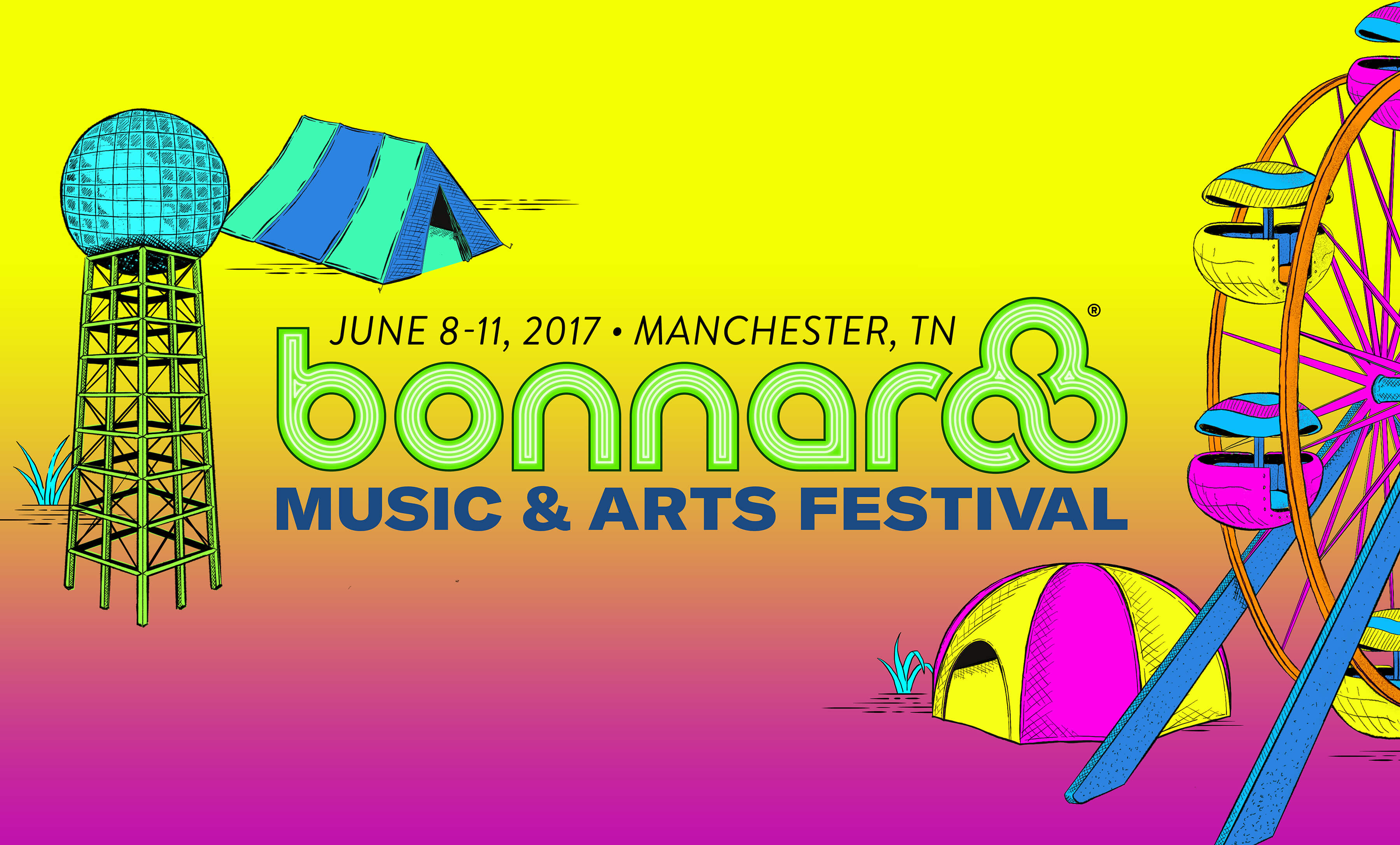Initial art created for Bonnaroo Music & Arts Festival pitch featuring the logo, the clocktower, the tents, and the ferris wheel.