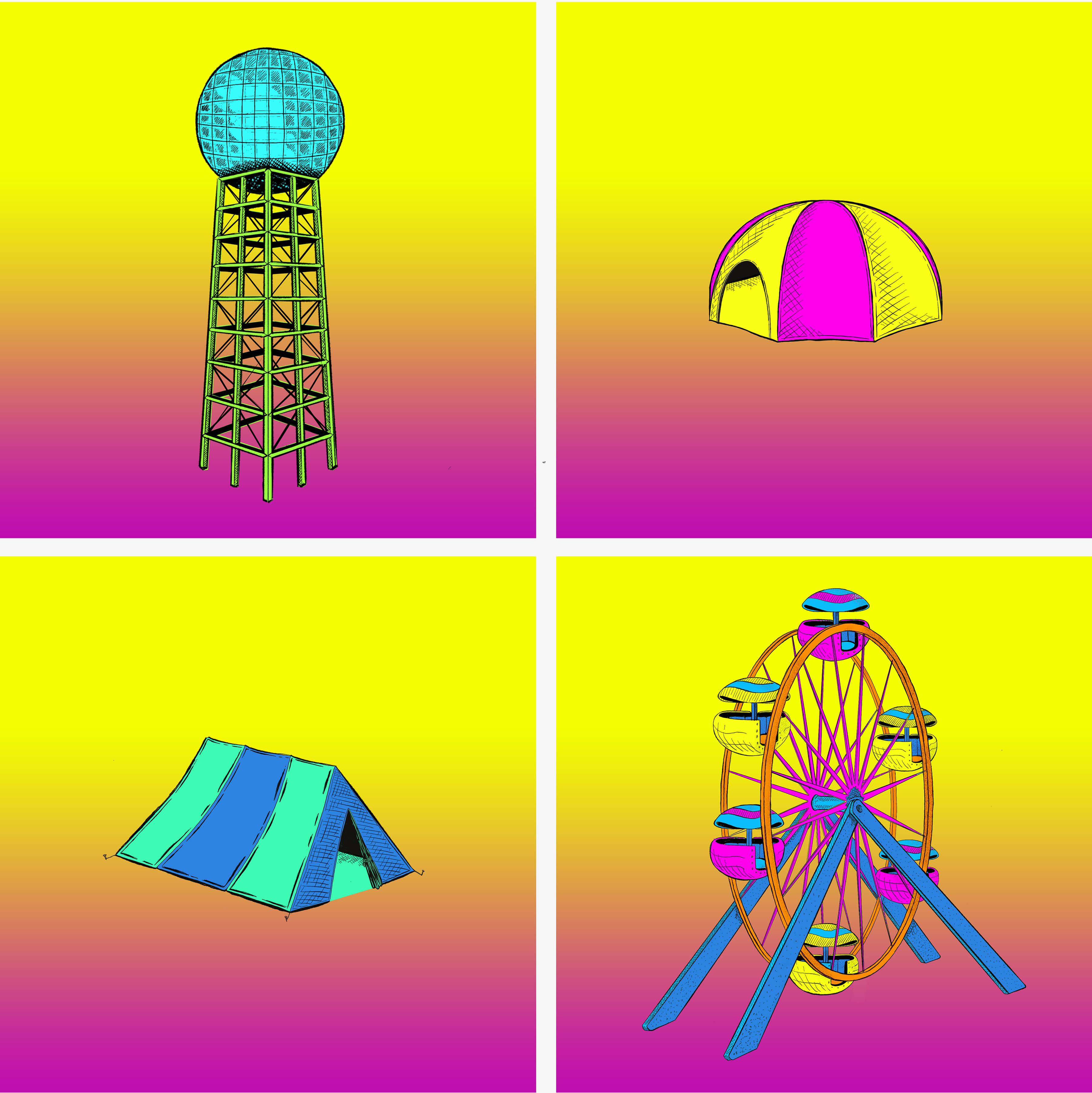 Initial art elements created for Bonnaroo pitch seperated into individual shots of the clocktower, the tents, and the ferris wheel.