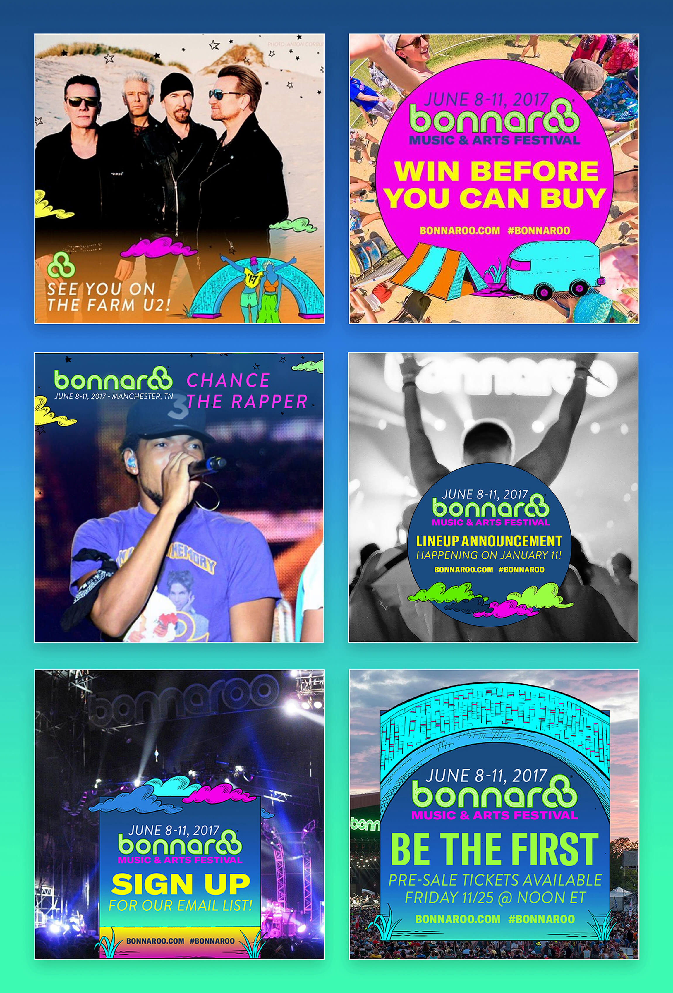 An arrangement of different marquee images developed for Bonnaroo to make announcements on its social channels.