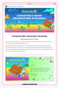Bonnaroo Holiday Card Email advertising the Christmas Barn Decoration Giveaway.