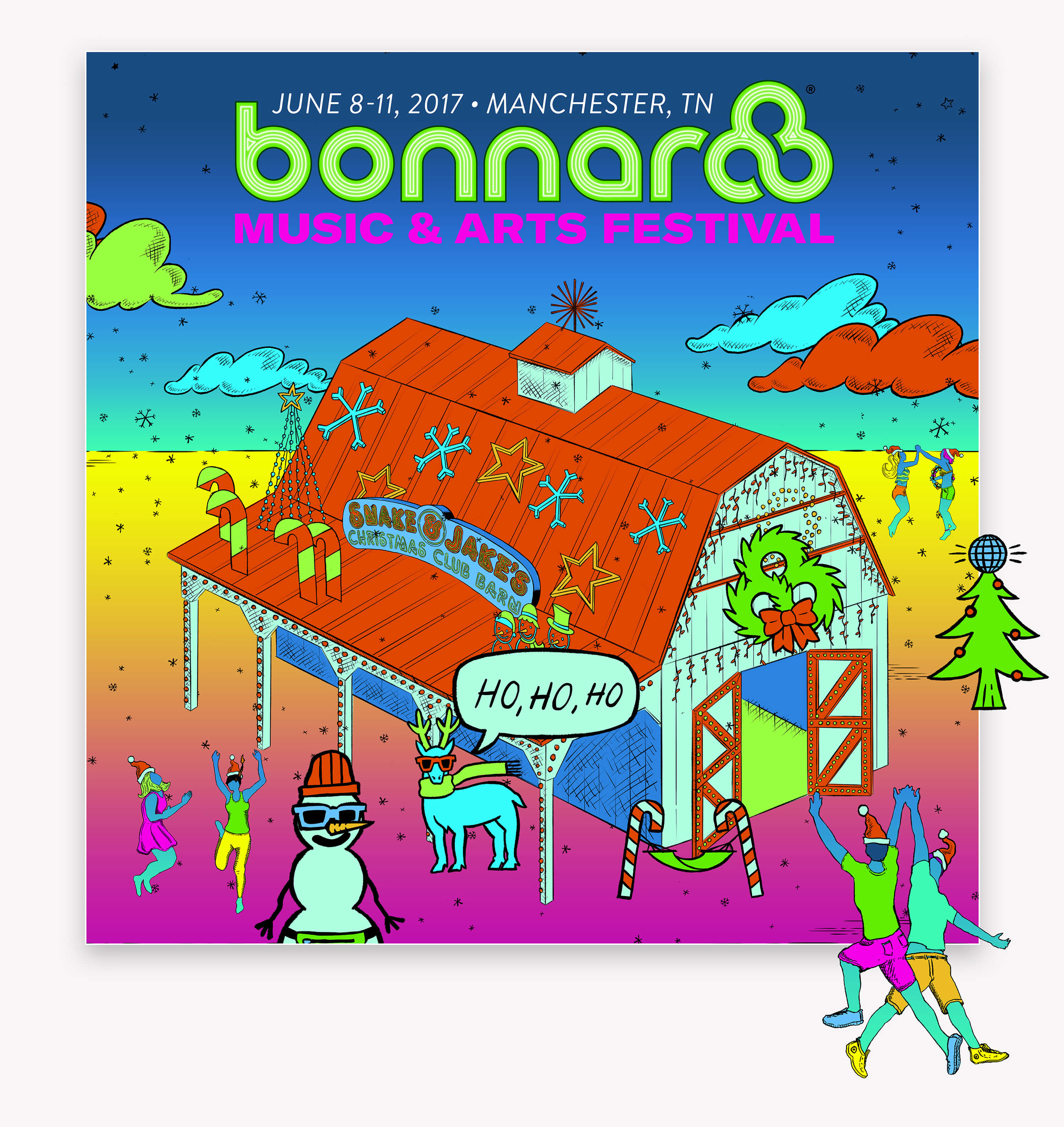 Holiday Card Illustration showing how users could decorate the Bonnaroo Holiday Card with different digital stickers like people celebrating, a holidy tree, a wreath, and a chill snowman and reindeer.