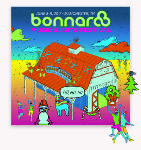 Bonnaroo Holiday E Card showing how users could decorate the Christmas Barn scene with different elements like speech bubbles, a christmas tree, a snowman and other items.