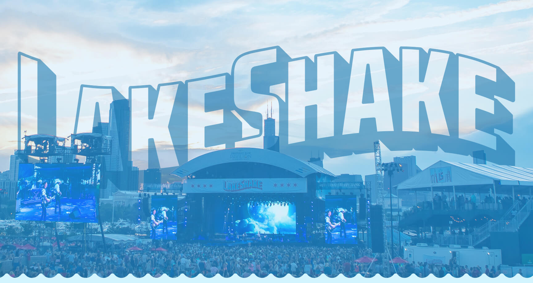 Horizontal logo on brand color treated image of Chicago skyline and festival grounds for Country Lake Shake country music festival in Chicago, Illinois
