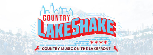 Full horizontal logo on brand color treated image of Chicago skyline and festival grounds for Country Lake Shake country music festival in Chicago, Illinois