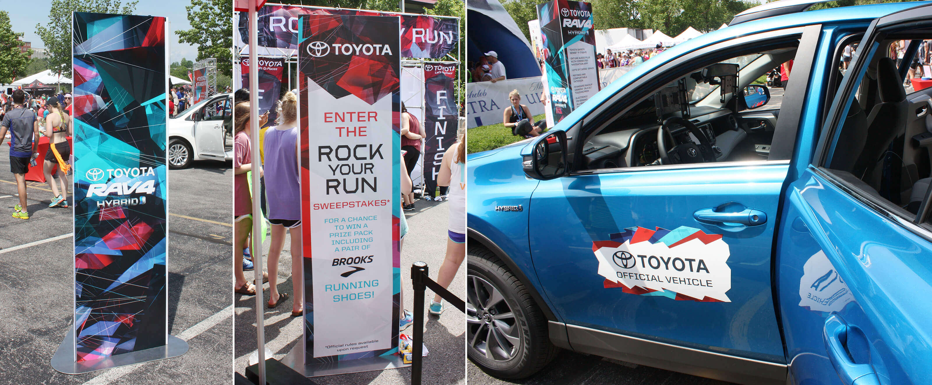 Photos of the Toyota Rock Your Run event featuring a Rav4 2x7 TFE and Rav4 door magnet.