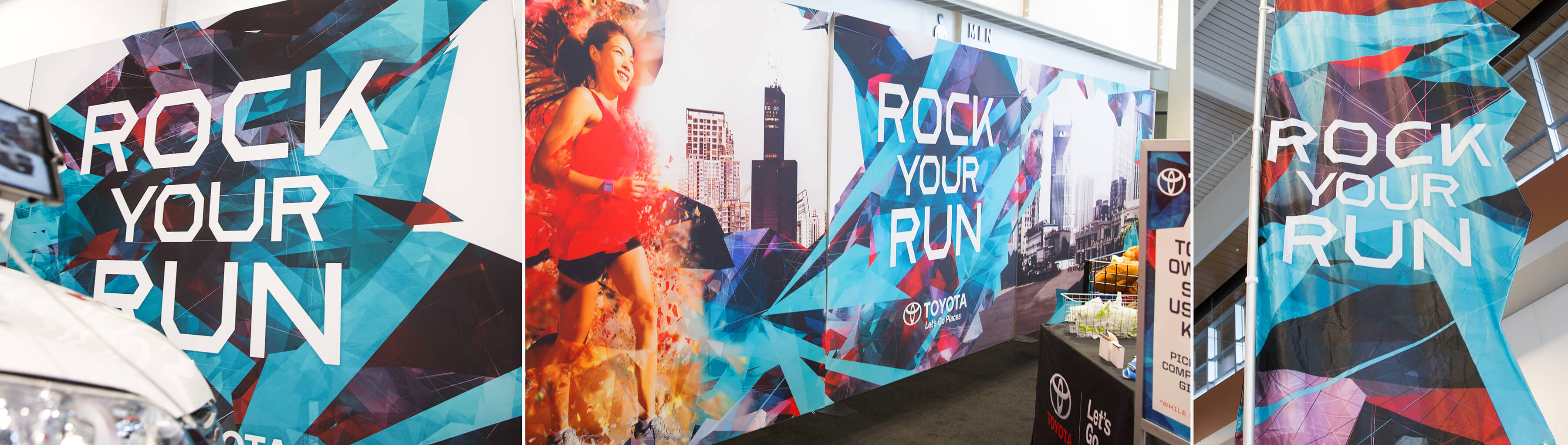Toyota Rock Your Run. Three event photos showing a close ups of the back panel wall and a mamba flag.