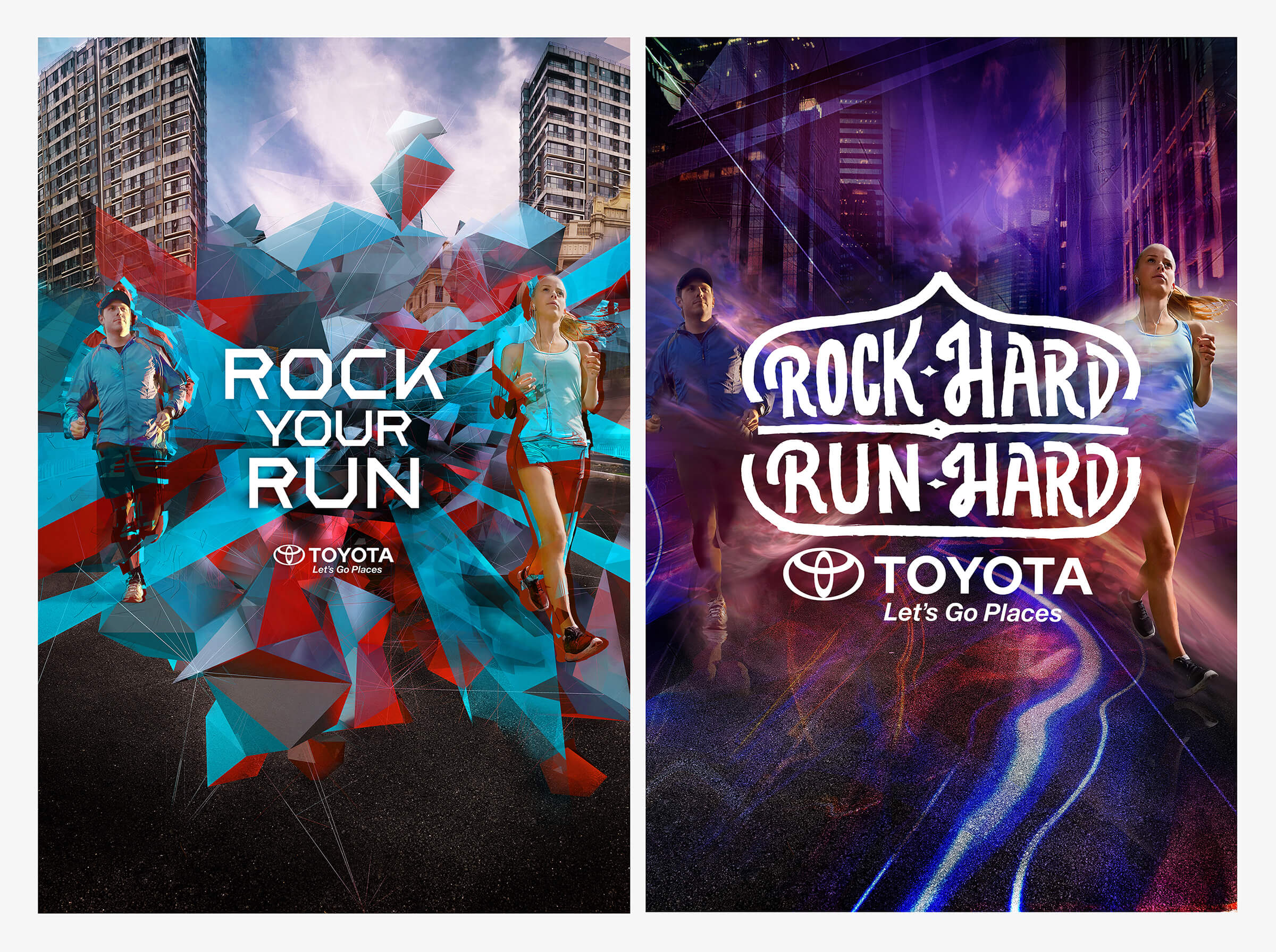 Pitched directions for Toyota Rock Your Run featuring dynamic geometric fragments with a male and female runner and city scape with the words Rock Your Run for the first direction. For the second direction featuring the words Rock Hard Run Hard with the light streams, a male and female runner, and a night city scape.