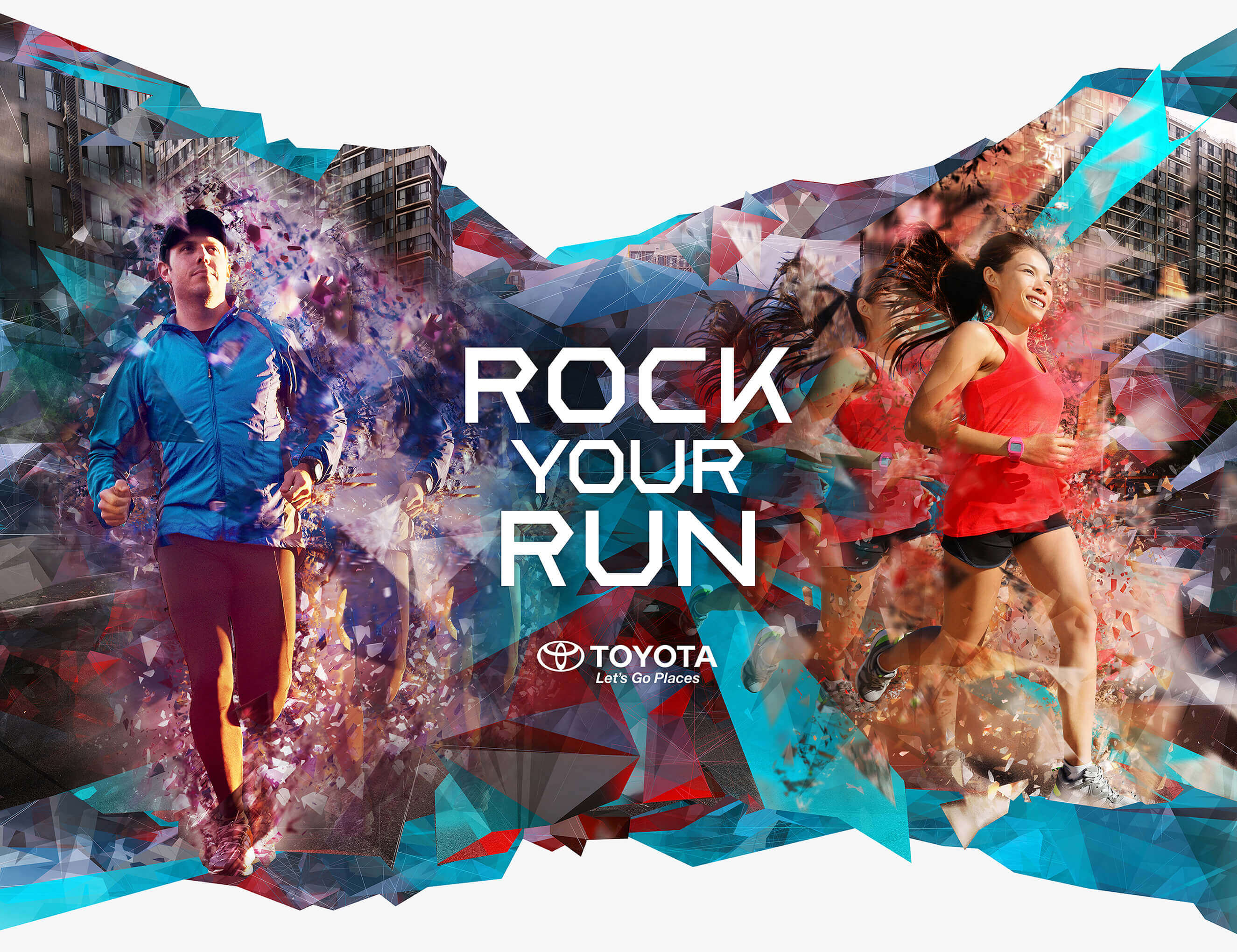 Toyota Rock Your Run Key Art featuring a man and woman runner running down a city street with the words Rock Your Run and dynamic geometric fragments.