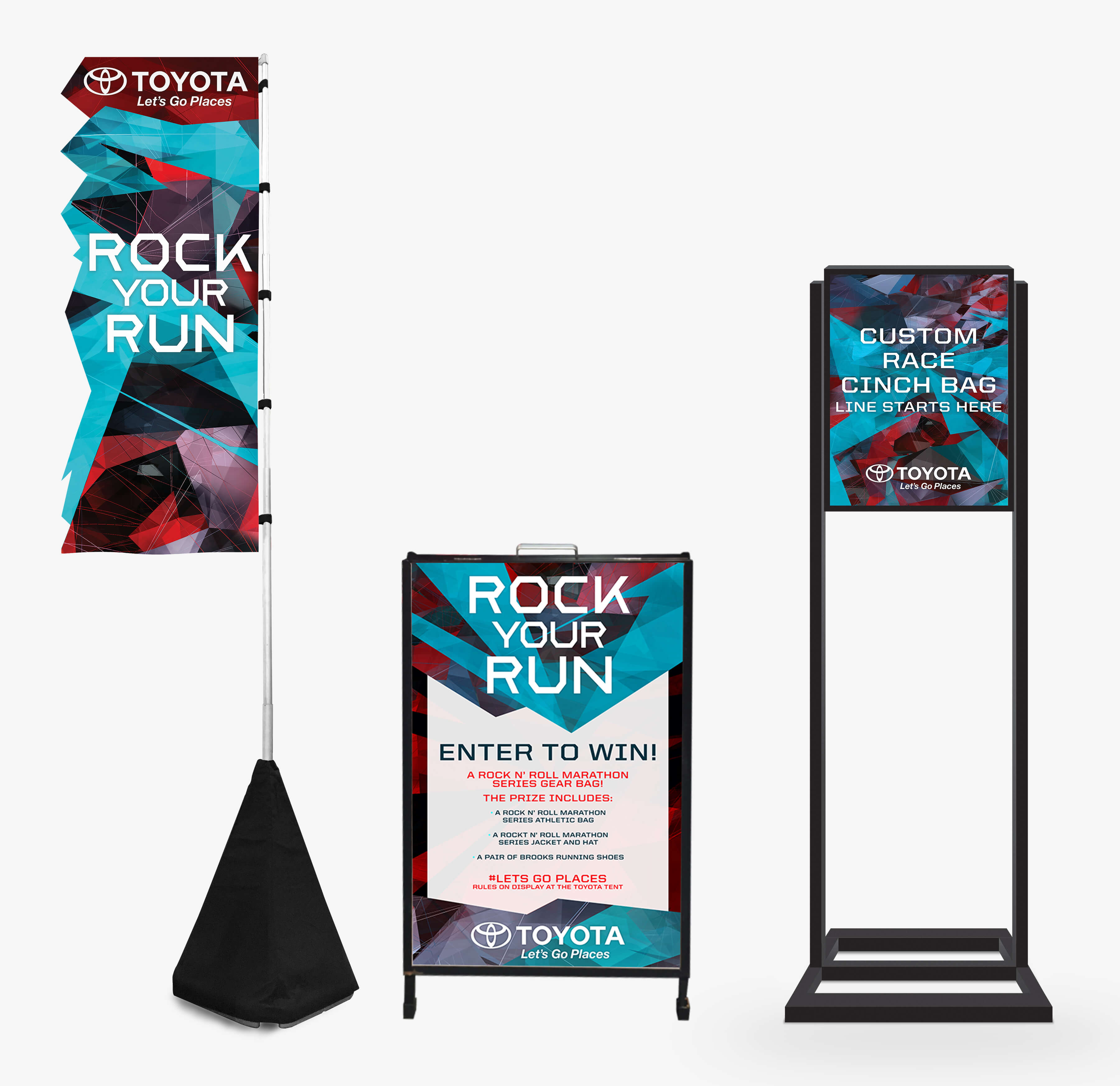 Toyota Rock Your Run. Stills featuring the Mamba flag, sweepstakes sign, the stanchion topper.