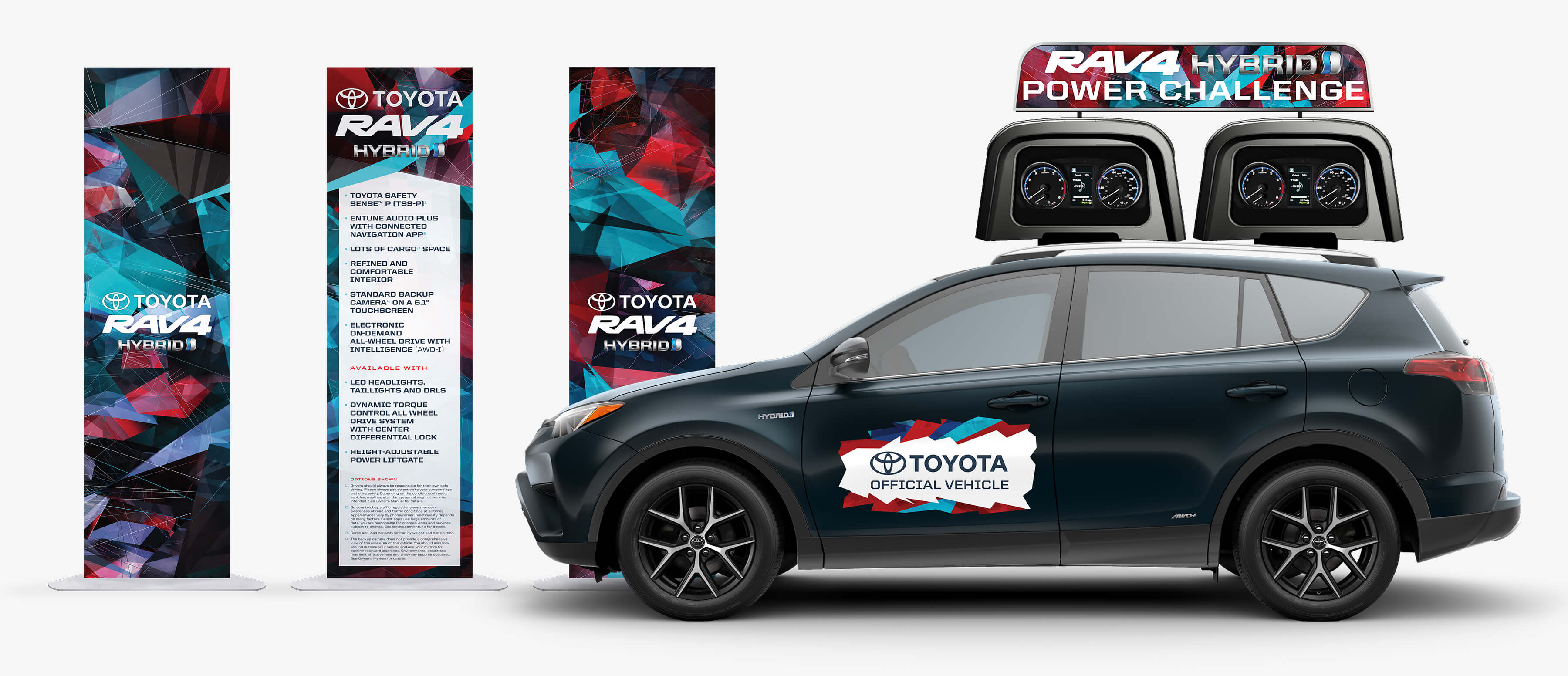 Toyota Rav4 Hybrid Power Challenge items featuring the 2x7 TFE sign, car topper, and door magnet.