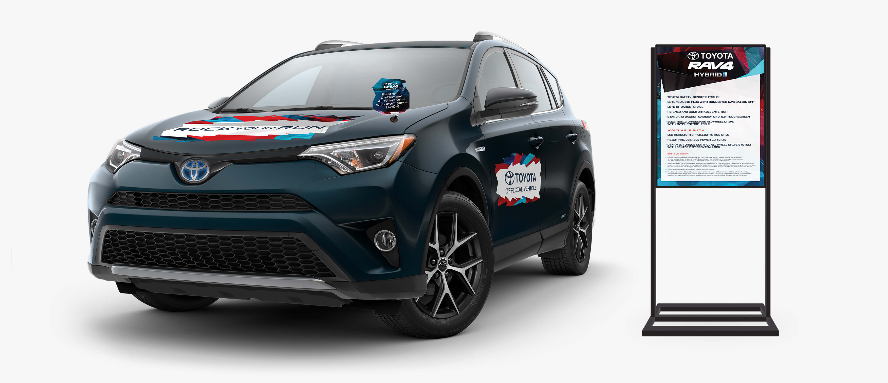 Toyota Rav4 Hybrid Power Challenge items featuring the hood and door magnets, pop off, and 22x28 TFE sign.