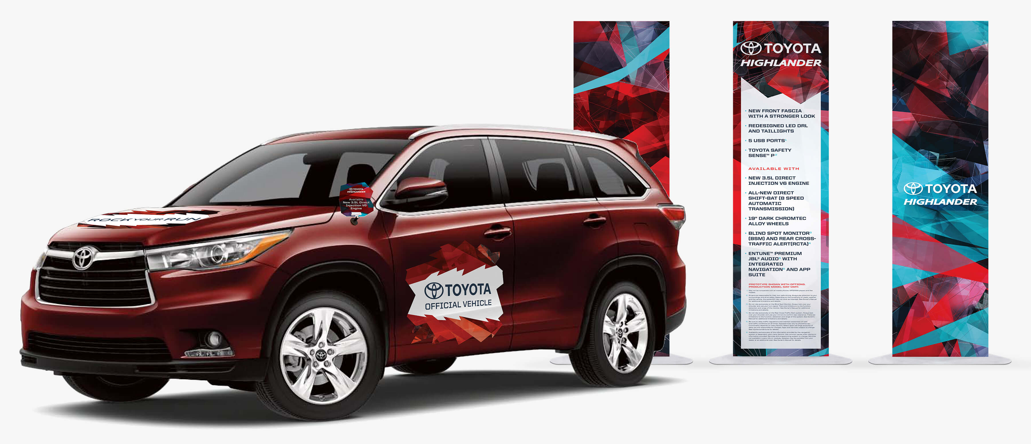 Toyota Rock Your Run. Toyota Highlander Challenge items featuring pop off, hood and door magnets, and 2x7 TFE.