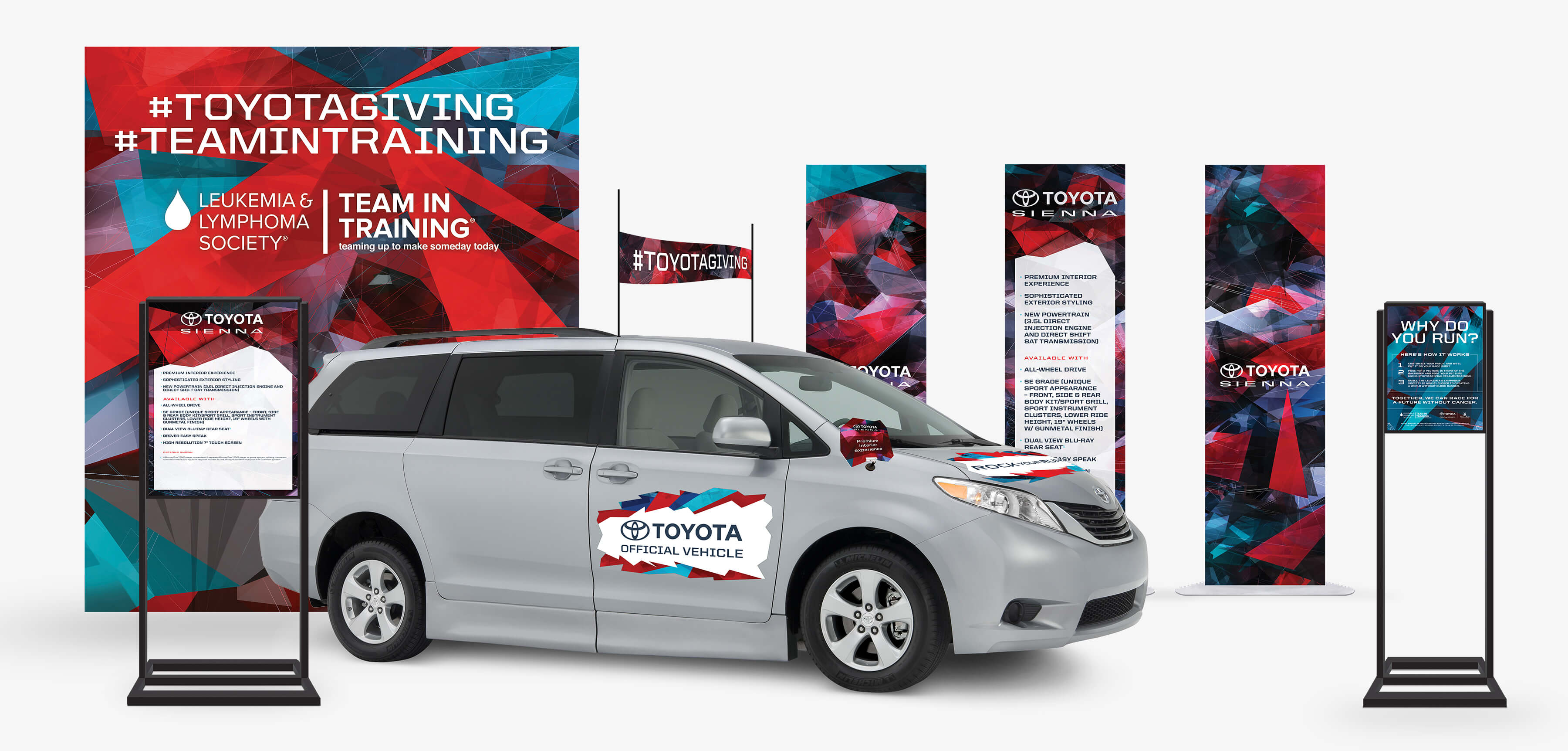 Toyota Rock Your Run. Toyota Sienna TG Press On & Run items featuring a photo wall, 2x7 TFE sign, 22x28 TFE sign, car topper, pop-off, hood and door magnets, and stanchion topper.